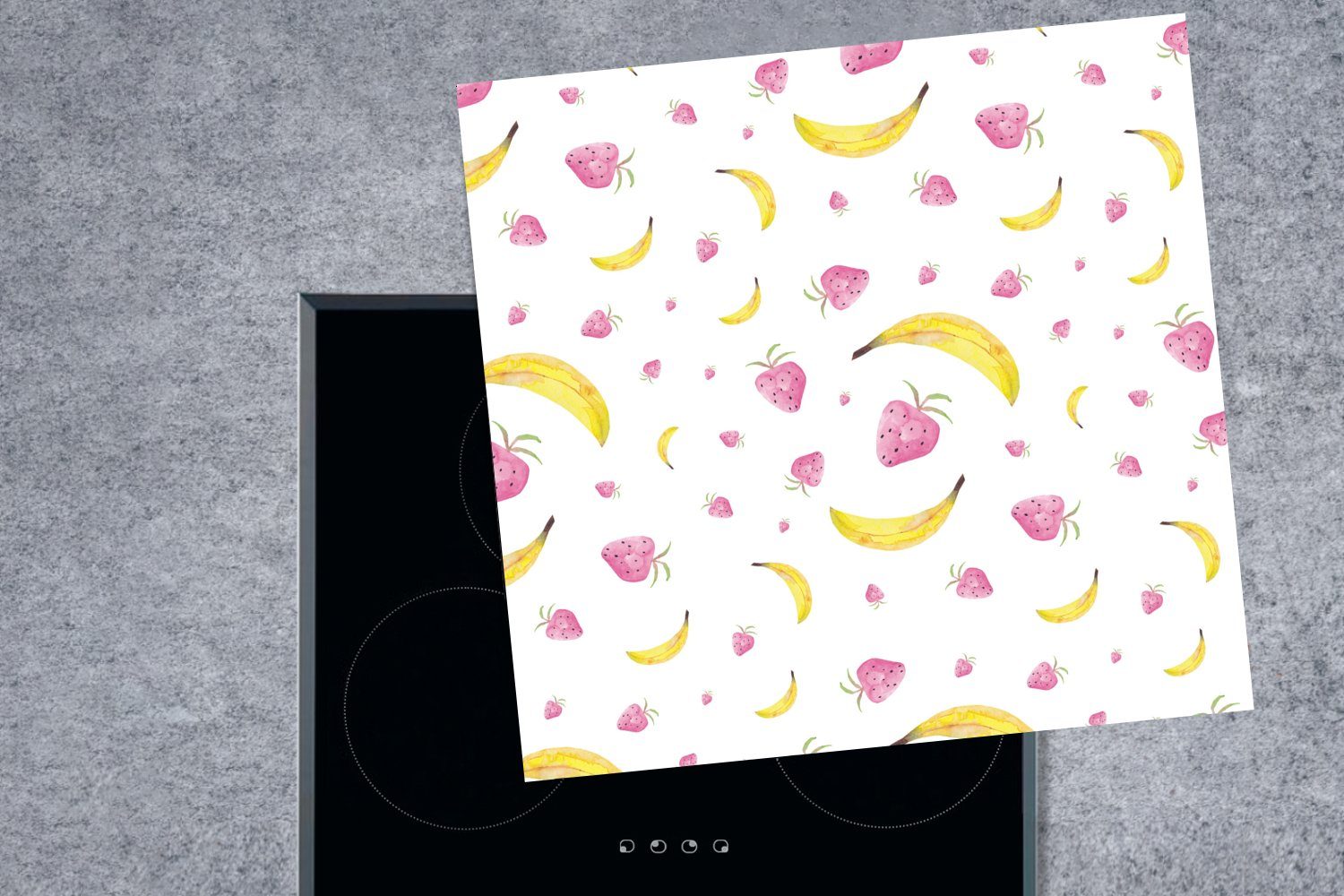 küche tlg), Vinyl, - - cm, Arbeitsplatte für - Design, Ceranfeldabdeckung, 78x78 MuchoWow Herdblende-/Abdeckplatte Banane Weiß (1 Erdbeere