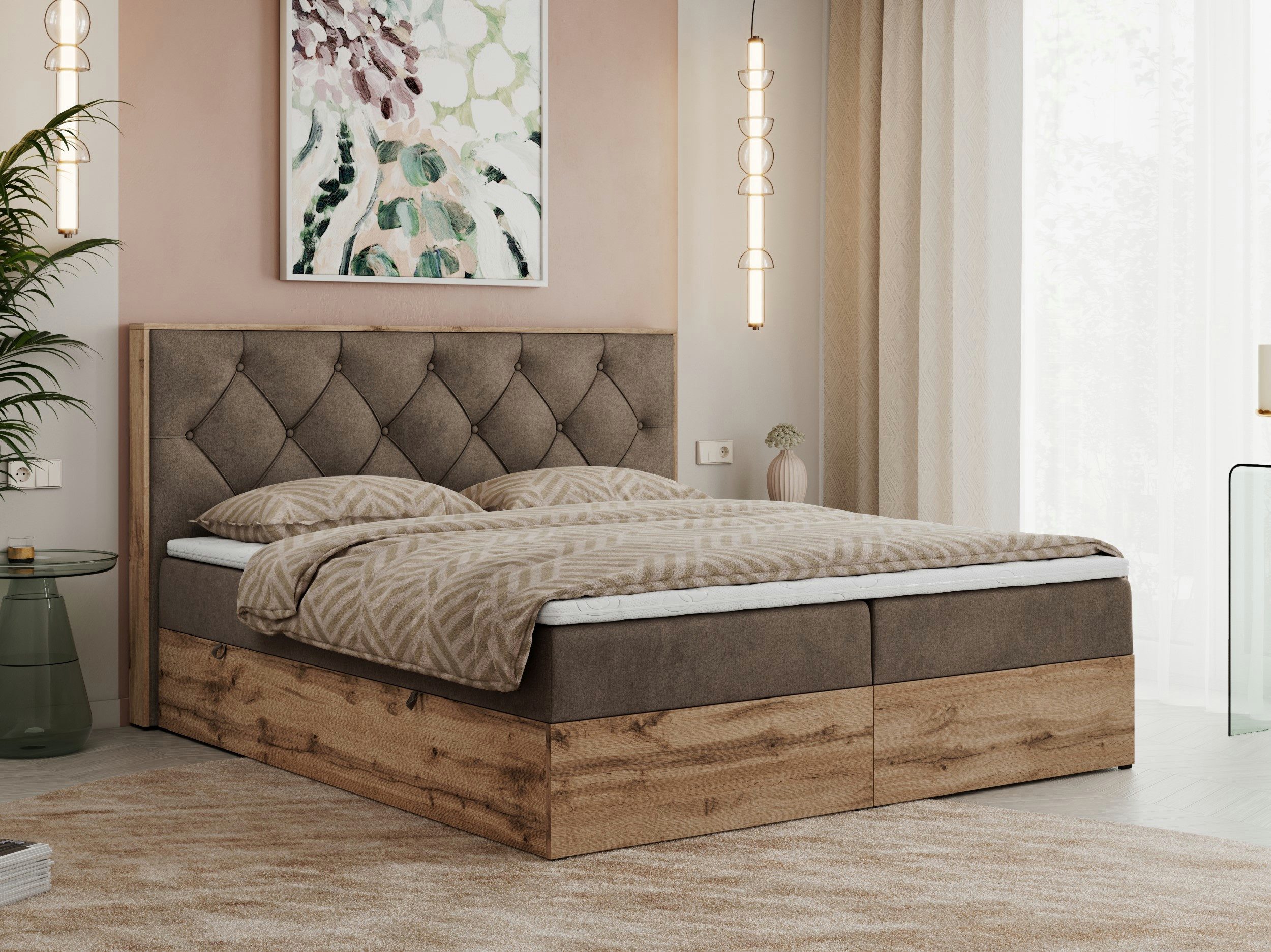 MKS MÖBEL Boxbett VENETO (Boxspringbett - set, Packung, Polsterbett, zwei Bettkästen, Topper T25/Visco, T30-Schaum), Multipocket Matratzen, Rahmen des Bettes in Eichen-Optik