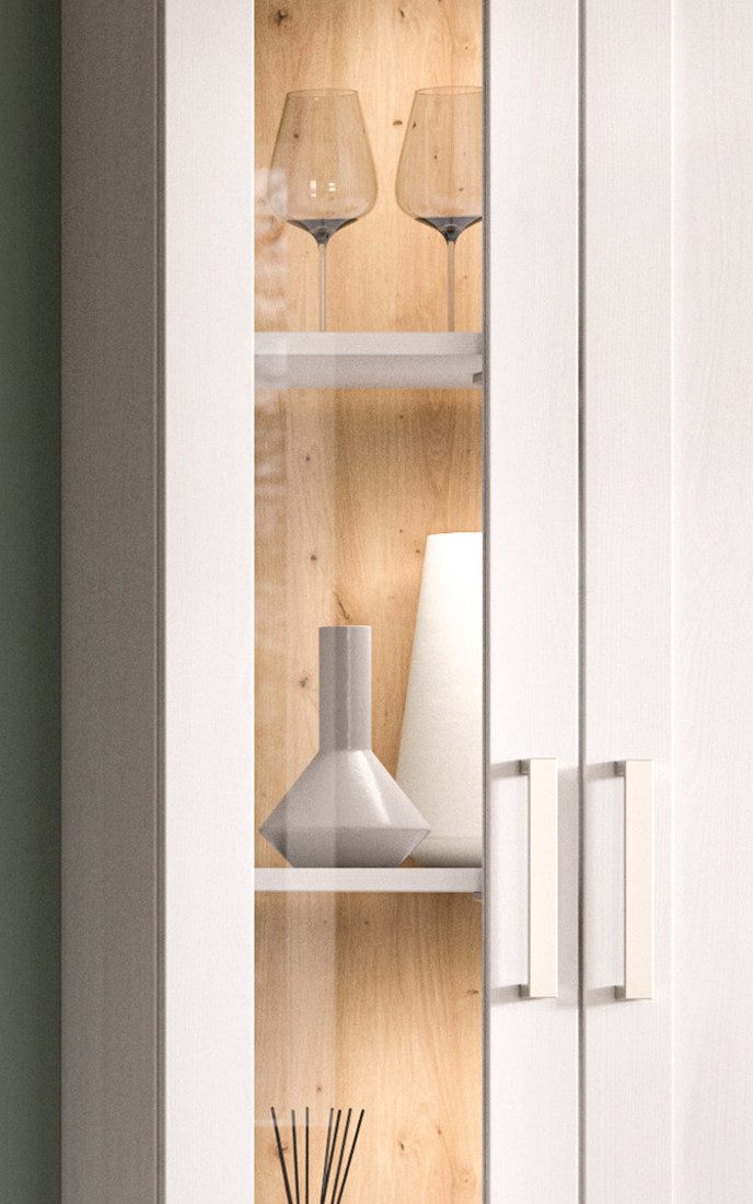 Inn.Furn Standvitrine Mirano (Vitrine in weiß Lärche und Artisan Eiche, 2-türig, 64 x 161 cm) mit viel Stauraum