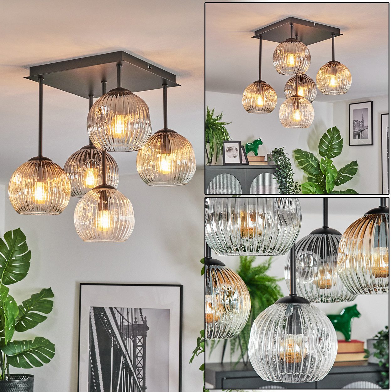 hofstein Deckenleuchte Deckenlampe aus Metall/Riffelglas in Schwarz/Rauch/Bernstein/Klar, Deckenleuchte im Retro/Vintage-Design (Schirm Ø 15 cm), 5 x E14