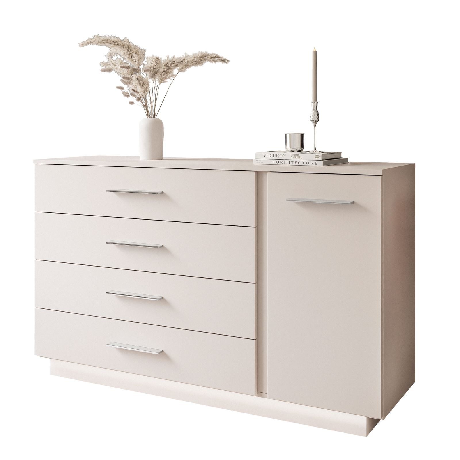 ALLHOUSE24 Kommode CALIA KASCHMIR matt mit LED Beleuchtung Sideboard mit 4 Schubladen (1x Kommode), Breite 138 cm