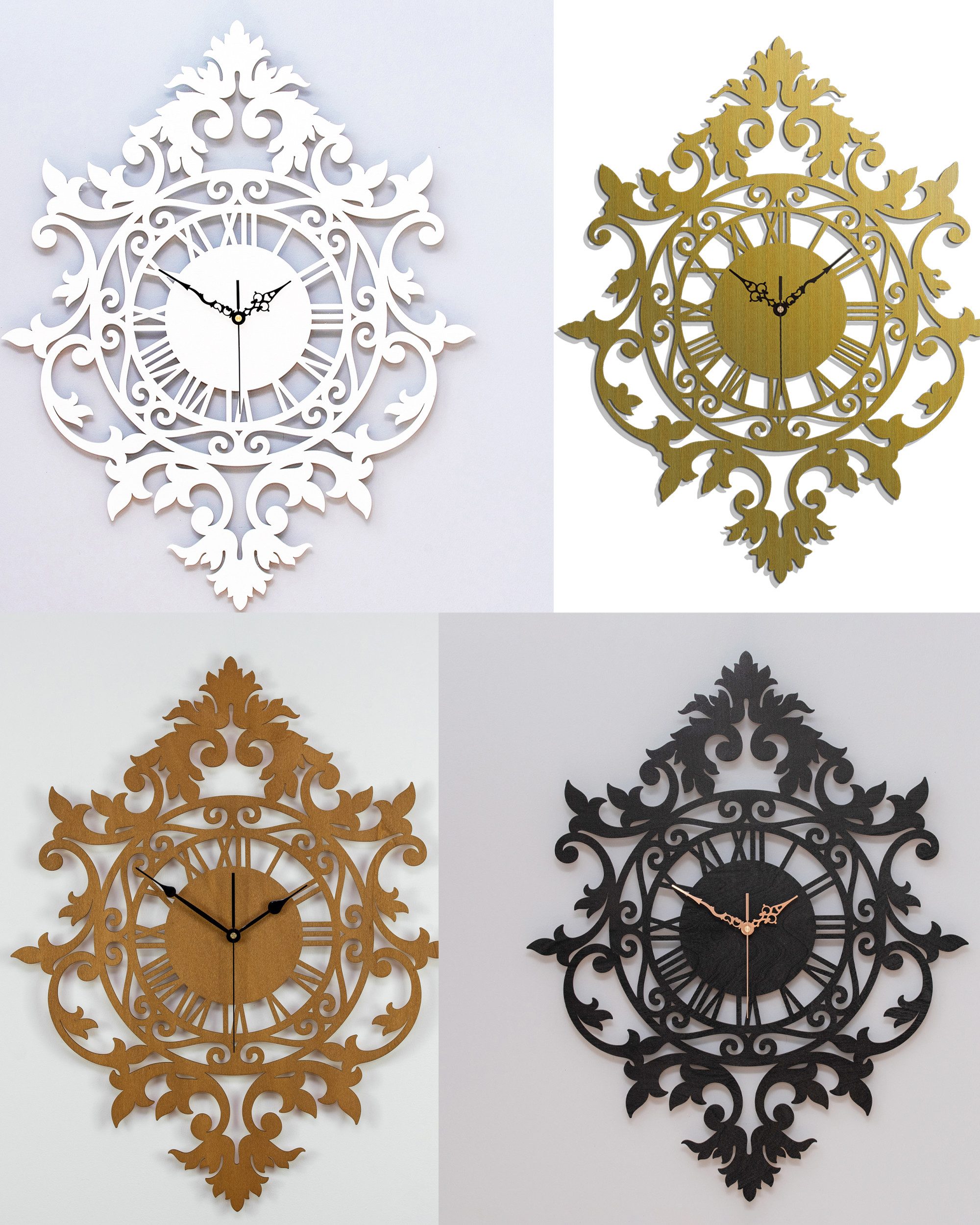 ORNAMENTI Wanduhr Grosse, vintage, retro, hingucker Wanduhr, weiss, schwarz, 50 x 62 cm (Gold, ohne Ticken, victorianisch Wanddeko, Holzdeko, Wandkunst)