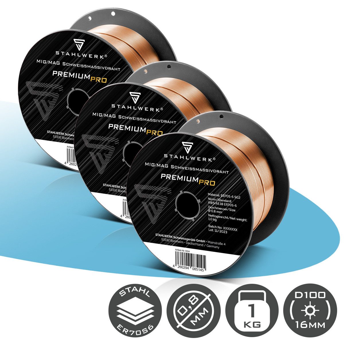 STAHLWERK Schweißdraht 3 x 0,8 mm MIG MAG ER70S-6 SG3 D100 Drahtrolle 1kg, (Packung), hohe chemische Reinheit für beste Schweißergebnisse