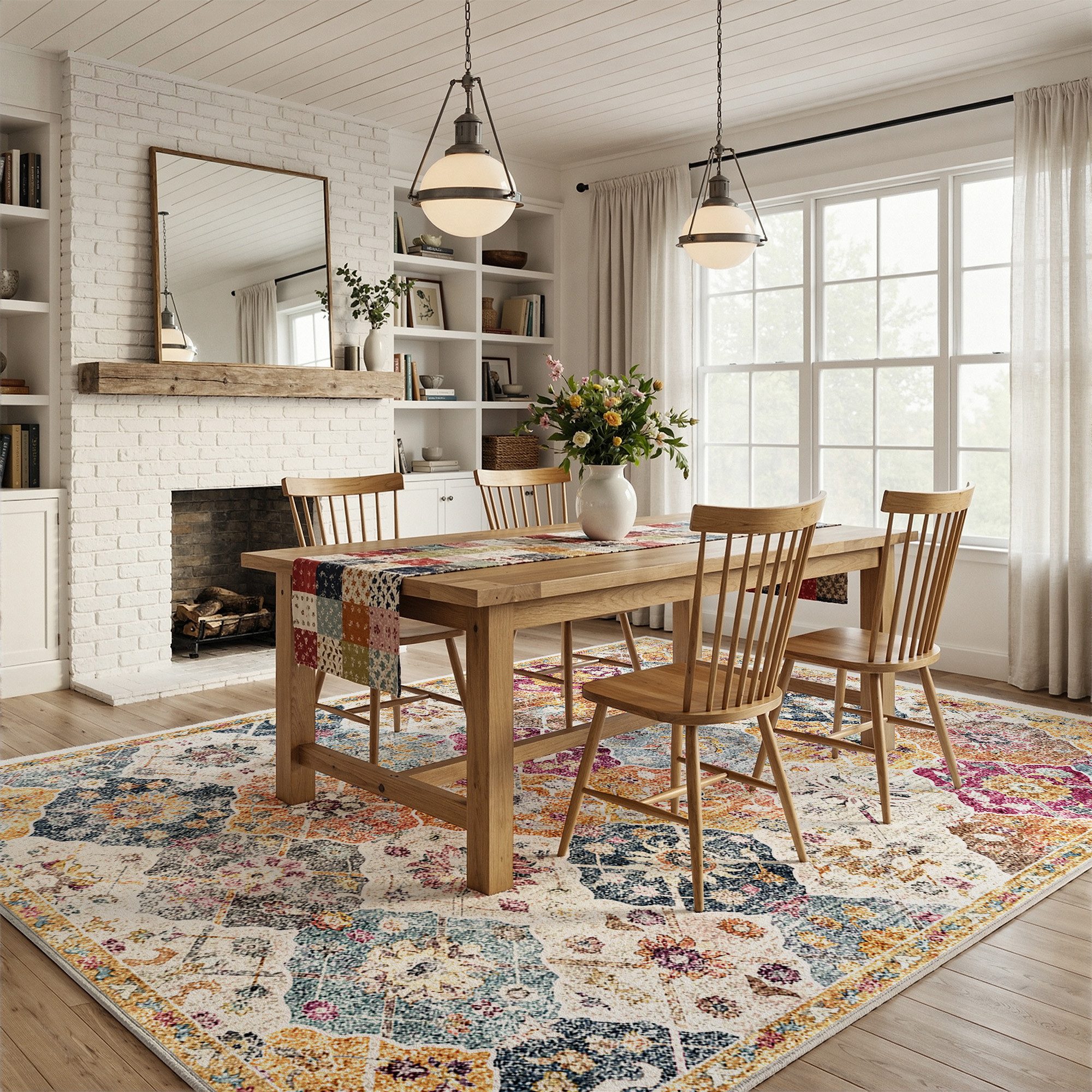 Klyvvo Teppich Boho Retro Kurzflor Teppich mit Blumenmuster rechteckig, Höhe: 8.5 mm, Rechteckig, hohe Flordichte, weich, Maschinwaschbar mit Rutschfester TPE-U – Bild 2 von 5
