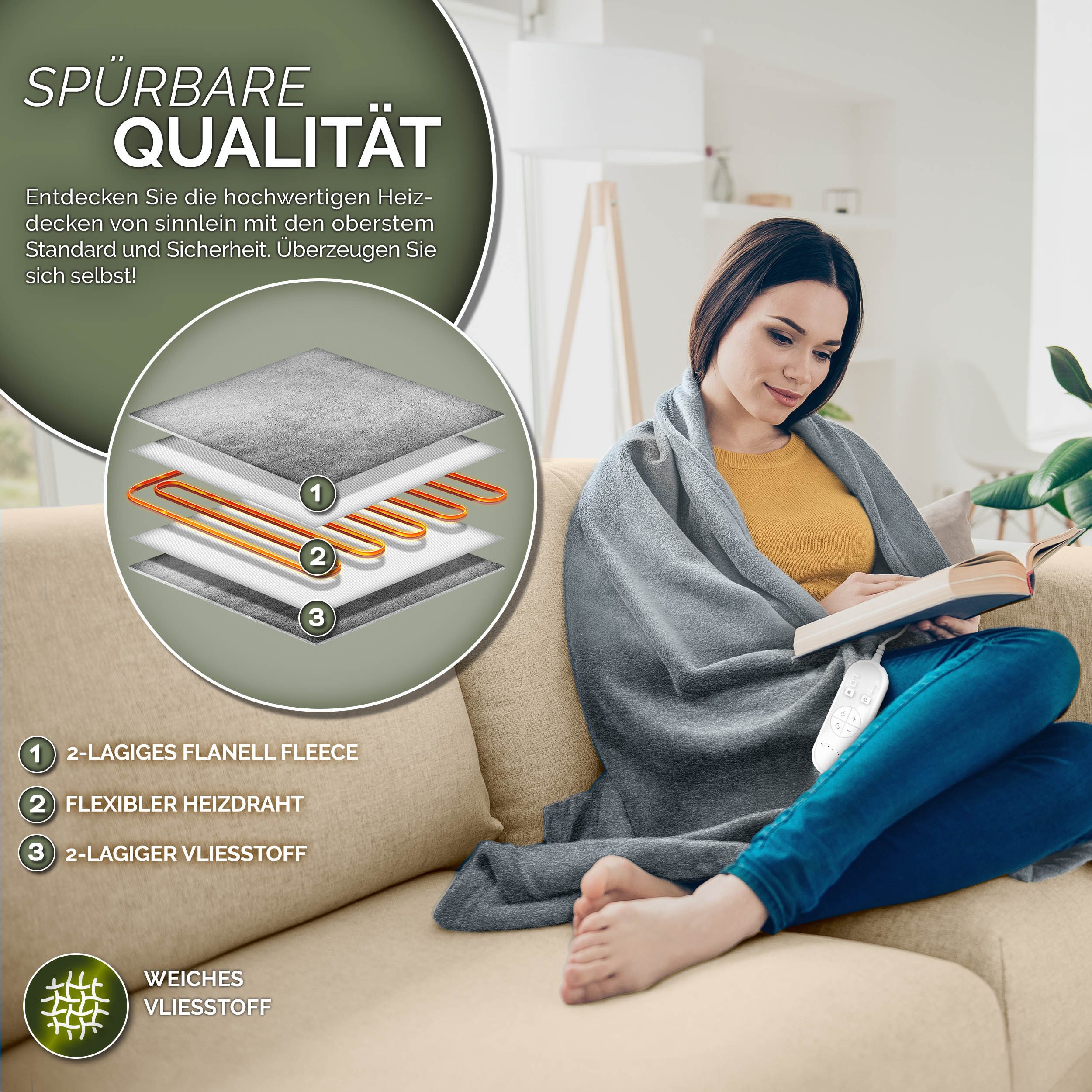 sinnlein Heizdecke Heizdecke elektrisch Wärmeunterbett XXL Wärmedecke Abschaltautomatik, Heizdecke aus Plüsch, Timerfunktion, 9 Temperaturstufen, waschbar bis 40°C, Digitalanzeige
