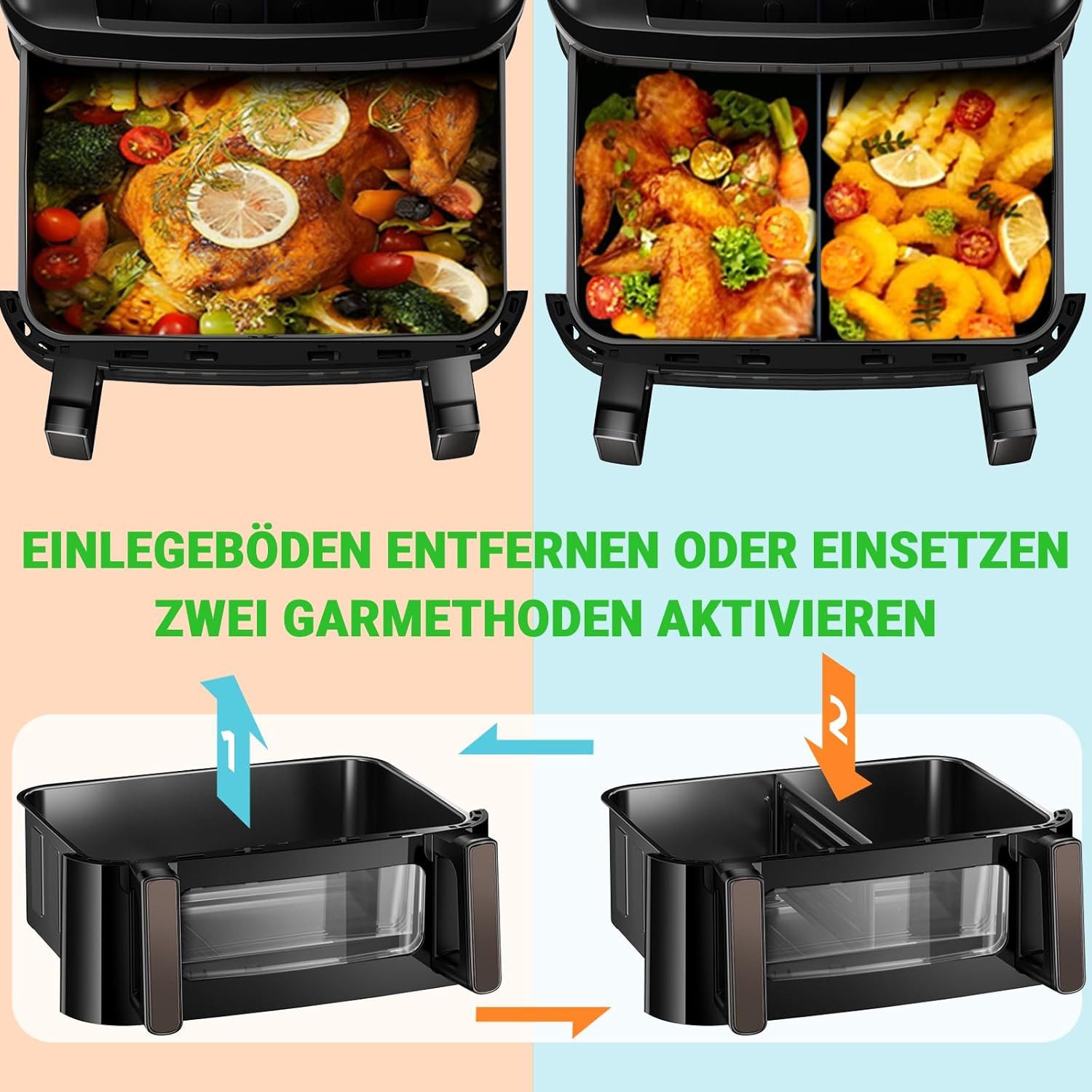 GIDGIMO Heißluftfritteuse 12L XXL 2-in-1 Dual-Zone-Technologie, Doppel-Heizelement Air Fryer, 2600 W, Smart Finish & Match Cook, 8 Programme, Inkl.Trennwand & Rezeptbuch