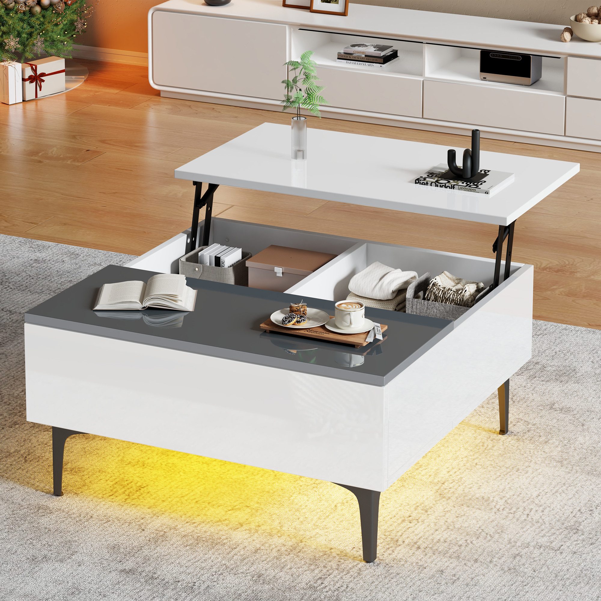 Merax Couchtisch höhenverstellbar Kaffeetisch mit verstecktem Stauraum & Ablagen (1-St., 70*70*35cm), Hochglanz Wohnzimmertisch mit Schublade, Sofatisch mit LED-Beleuchtung