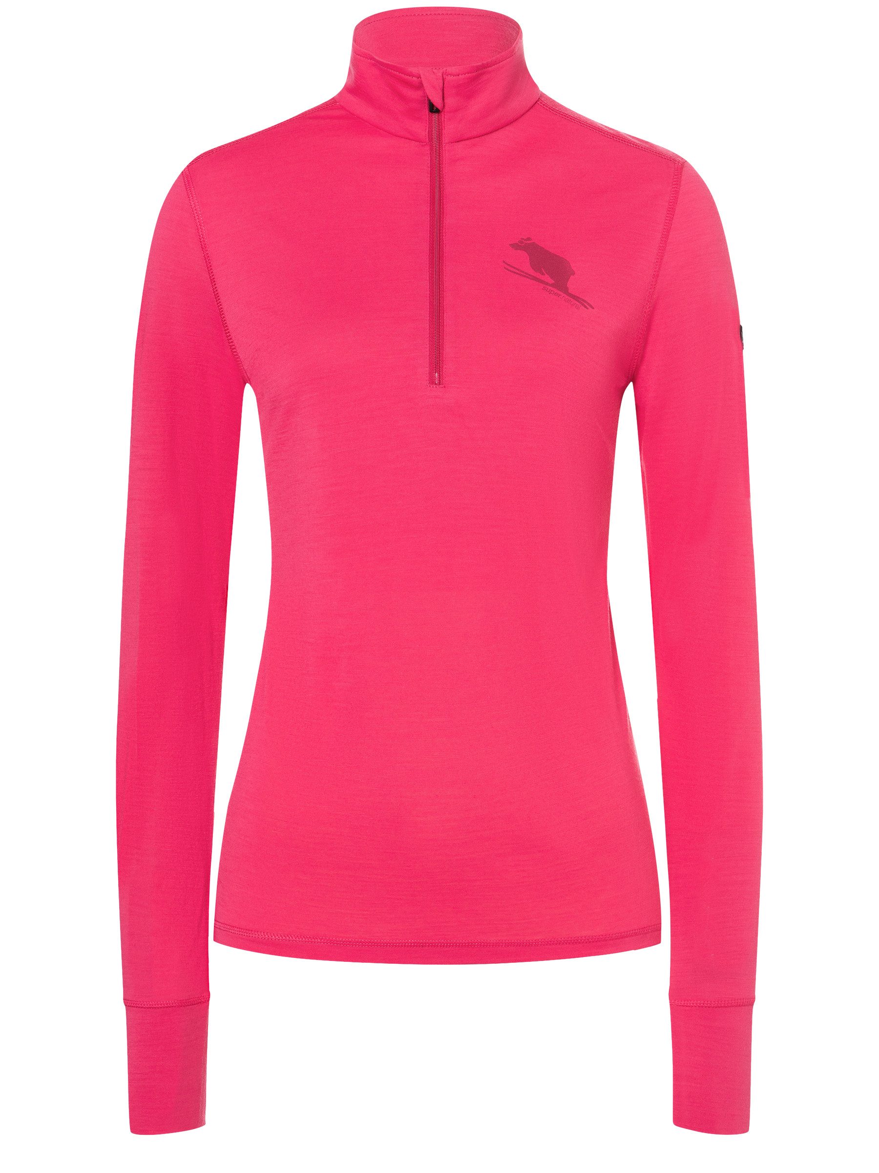 SUPER.NATURAL Funktionsshirt für Damen, Merino TUNDRA 175 ZIP 1/4 FLEAR Bär Motiv, atmungsaktiv