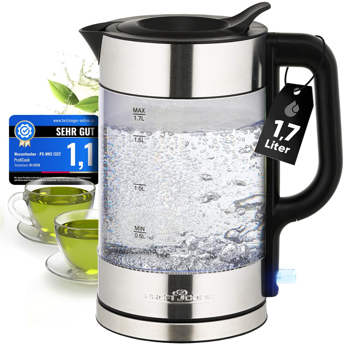 ProfiCook Wasserkocher PC-WKS 1322 G, Wasserkocher Glas, 1,7L, 2200W, BPA frei