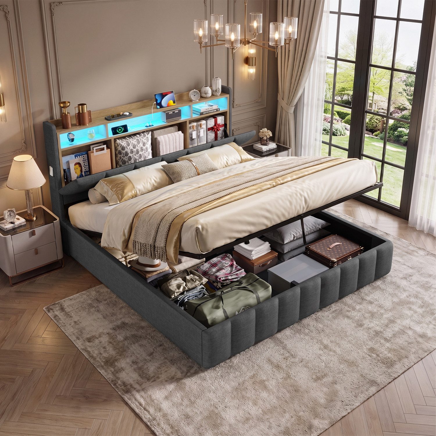 KIMENICH Polsterbett mit LED Beleuchtung und Ladefunktion (1-tlg., Ohne Matratze), Jugendbett Hydraulisches Stauraumbett, 160x200 cm