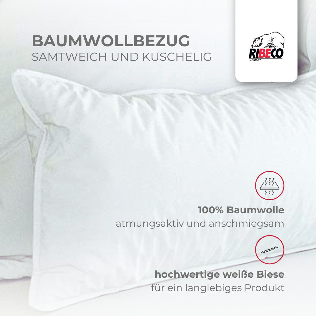 RIBECO Federkissen Johanna Kopfkissen 1-tlg. oder 2-tlg.: 40x80 cm, 80x80 cm erhältlich!, Füllung: 90% Federn & 10% Daunen, Bezug: Baumwolle, Kissen mit DOWNPASS zertifiziert und Made in Germany