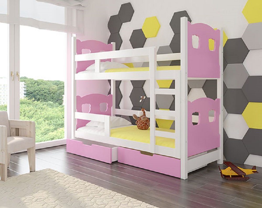 Feldmann-Wohnen Hochbett MARABA (Etagenbett mit 2 Schlafgelegenheiten) Farbe wählbar Kiefer weiß / Absetzungen: rosa