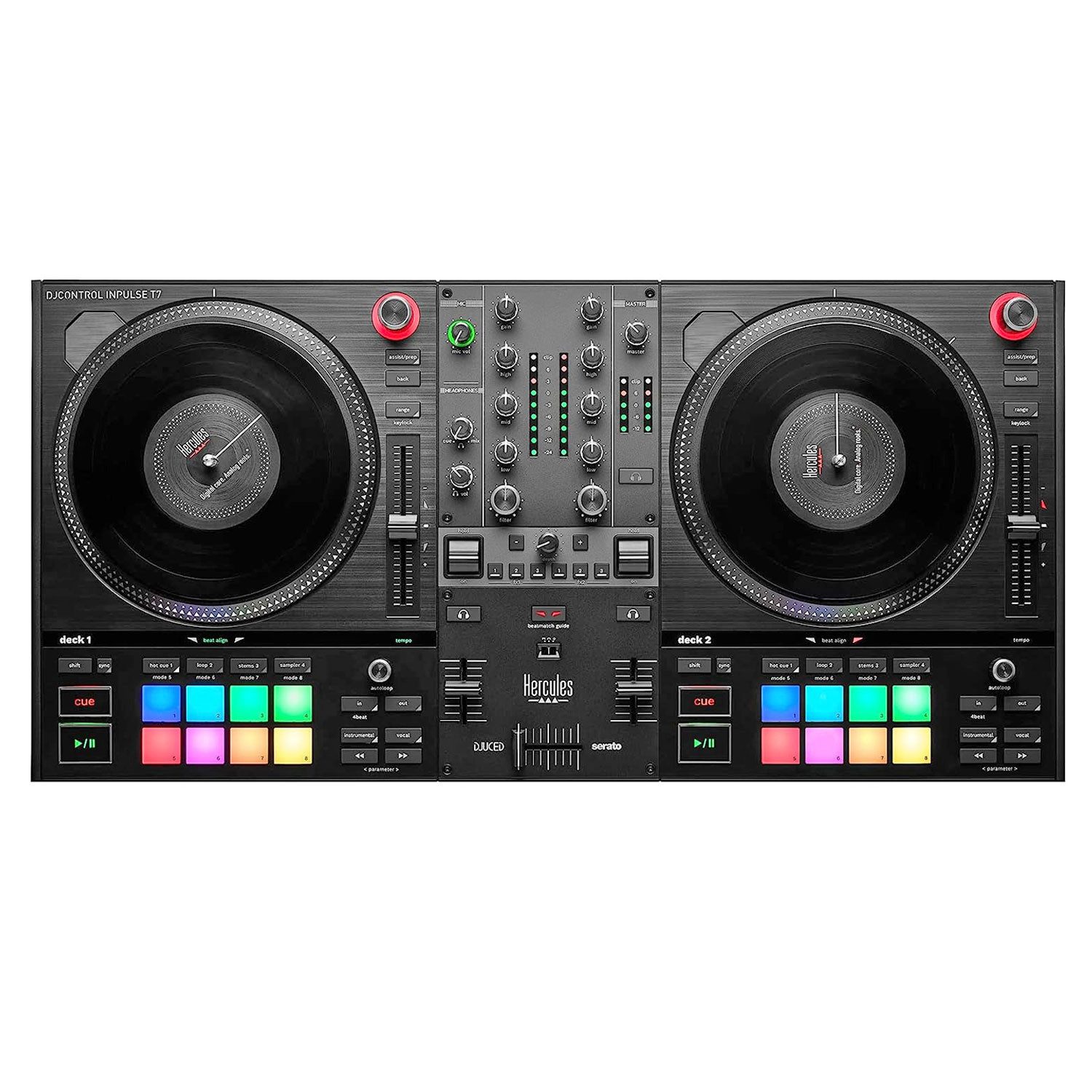 HERCULES DJ Controller Hercules DJ Control Inpulse T-7 DJ-Controller + Bonus In-Ear Kopfhörer, (DJ-Controller mit 2 motorbetriebenen Decks), DJ-Controller mit 2 motorbetriebenen Decks