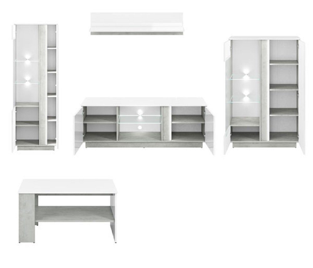 Feldmann-Wohnen Wohnzimmer-Set LED-Beleuchtung + (Set, + Wandregal 1 Lowboard inkl. 2 + LUMENS, Couchtisch), Vitrinen 1 1
