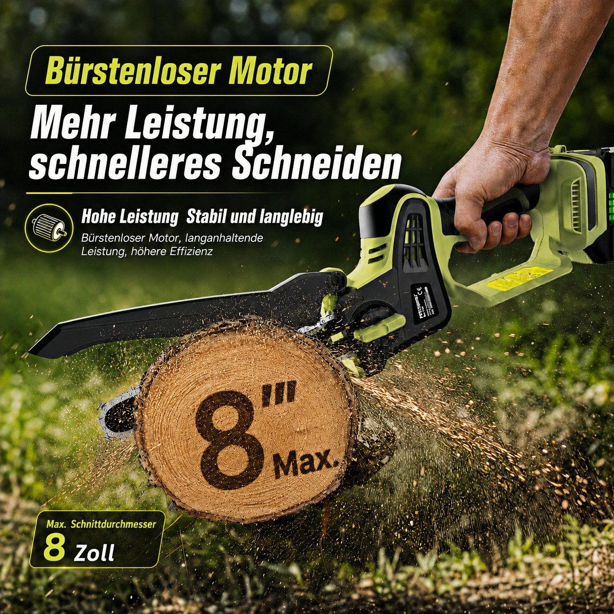 Rinoxar Akku-Kettensäge 8 Zoll Mini Akku Kettensäge, 1800W bürstenlos Handkettensäge, 20 cm Schwertlänge, 2×18V/5200mAh Akkus, Auto-Ölung, werkzeuglose Kettenspannung, Komplettset für Gartenarbeit