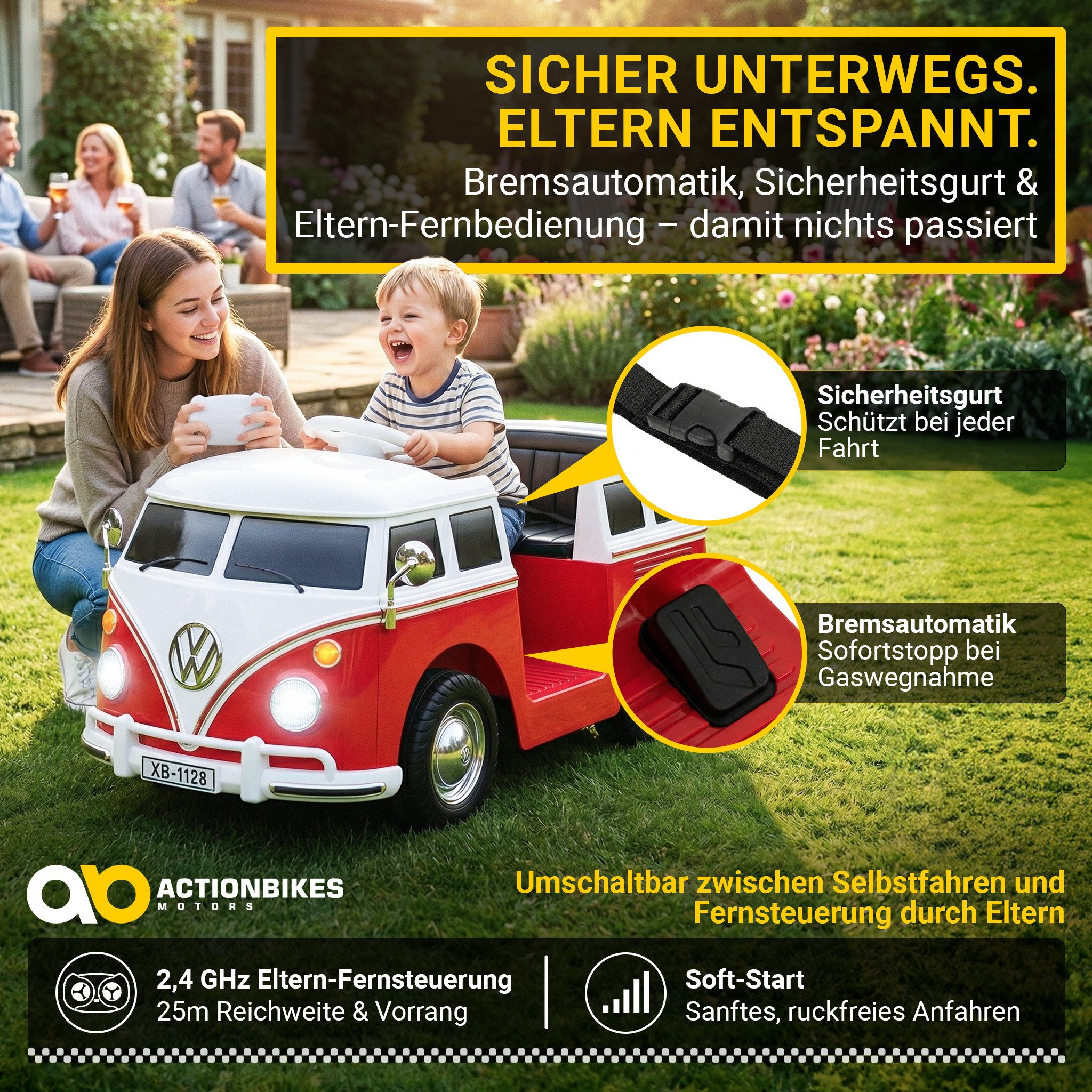 Actionbikes Motors Elektro-Kinderauto VW T1 Camper Bus Fernbedienung & Bremsautomatik 3-5 km/h, Fernbedienung mit First-Funktion, Soft-Start, Motorsound beim Starten