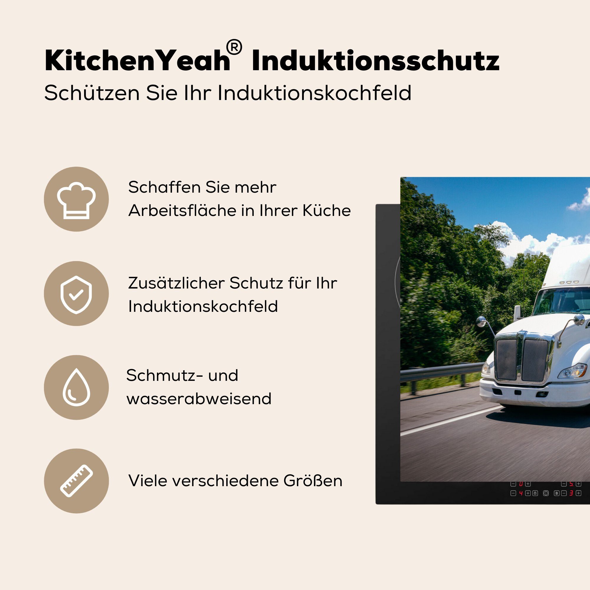 Arbeitsplatte cm, Ceranfeldabdeckung, - (1 - Vinyl, küche 78x78 Herdblende-/Abdeckplatte tlg), MuchoWow Straße Weiß, Lkw für