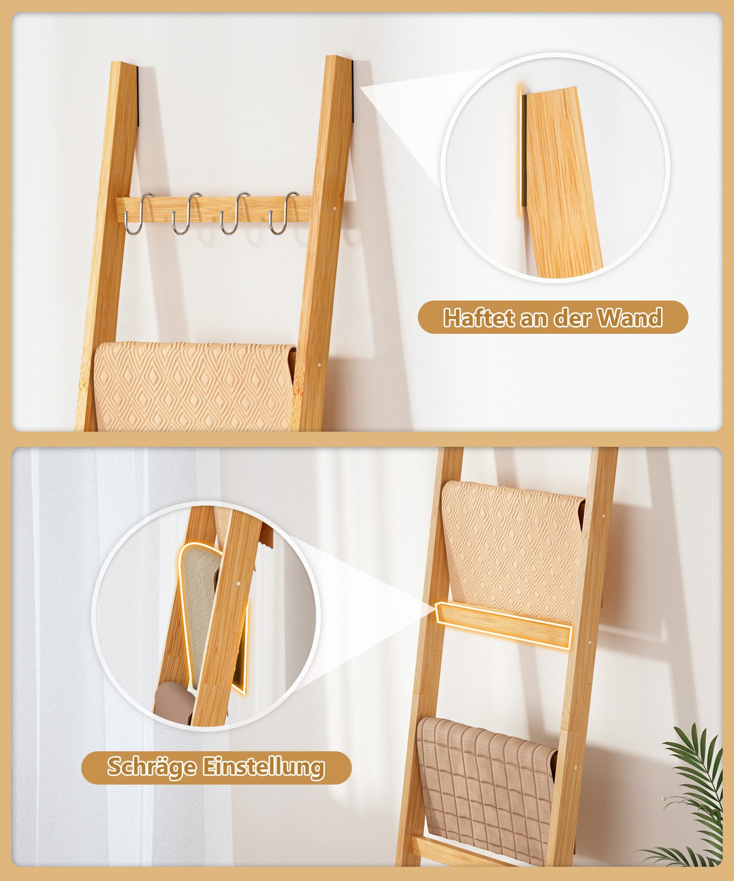 Yorbay Handtuchleiter Handtuchhalter Bambus, 6 Ebenen Leiterregal, 4 Haken und 2 Sicherheitsgurten, 43x170 cm, für Bad, Wohnzimmer – Bild 5 von 5