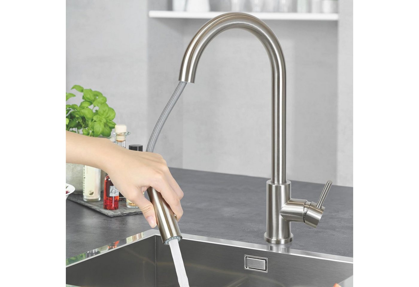 ZMH Küchenarmatur Hochdruck Spültischarmatur ausziehbar, 360° drehbar (1-St) Wasserhahn Küche mit Brause, ausziehbar, 2 Strahlarten