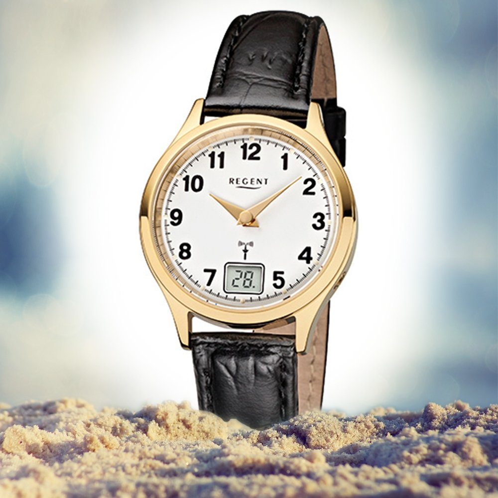 Regent Funkuhr Regent Damen-Armbanduhr Lederarmband rund, (ca. klein 29mm), schwarz Damen Funkuhr Analog