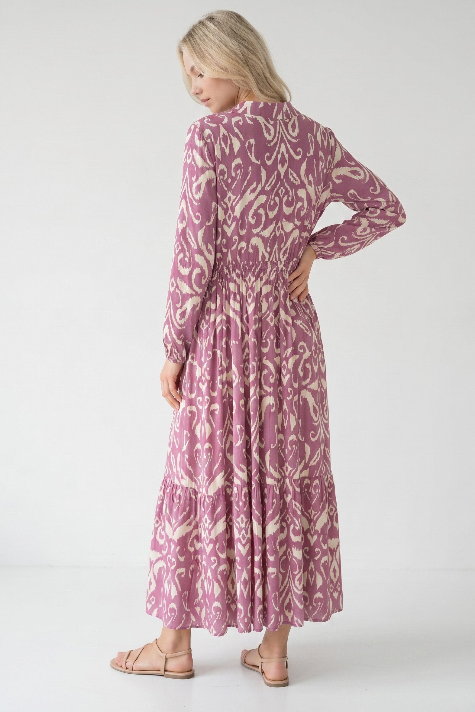 Kendindza Collection Sommerkleid Sommerkleid Damen Lang Viskose Elegantes Maxikleid lang Maxi Kleid Ikat-Print Knopfleiste & Schnurbund, Luftig Leicht – Bild 4 von 4