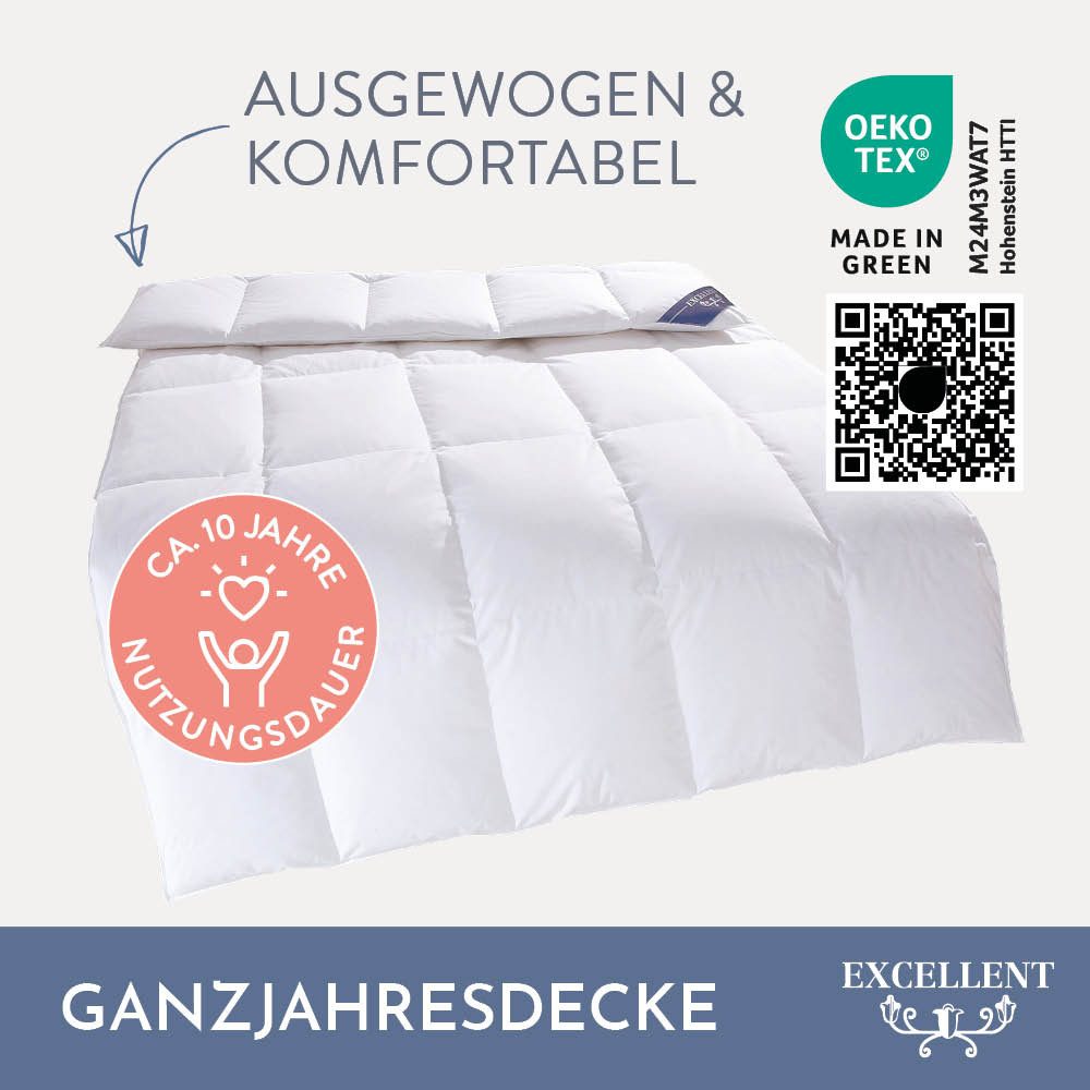Excellent Gänsedaunenbettdecke Davos, Bettdecken für Sommer und Winter, Decke, Füllung: 100% Gänsedaunen, Bezug: 100% Baumwolle, Bettdecke 135x200 cm, 155x220cm und weitere Größen, Made in Germany