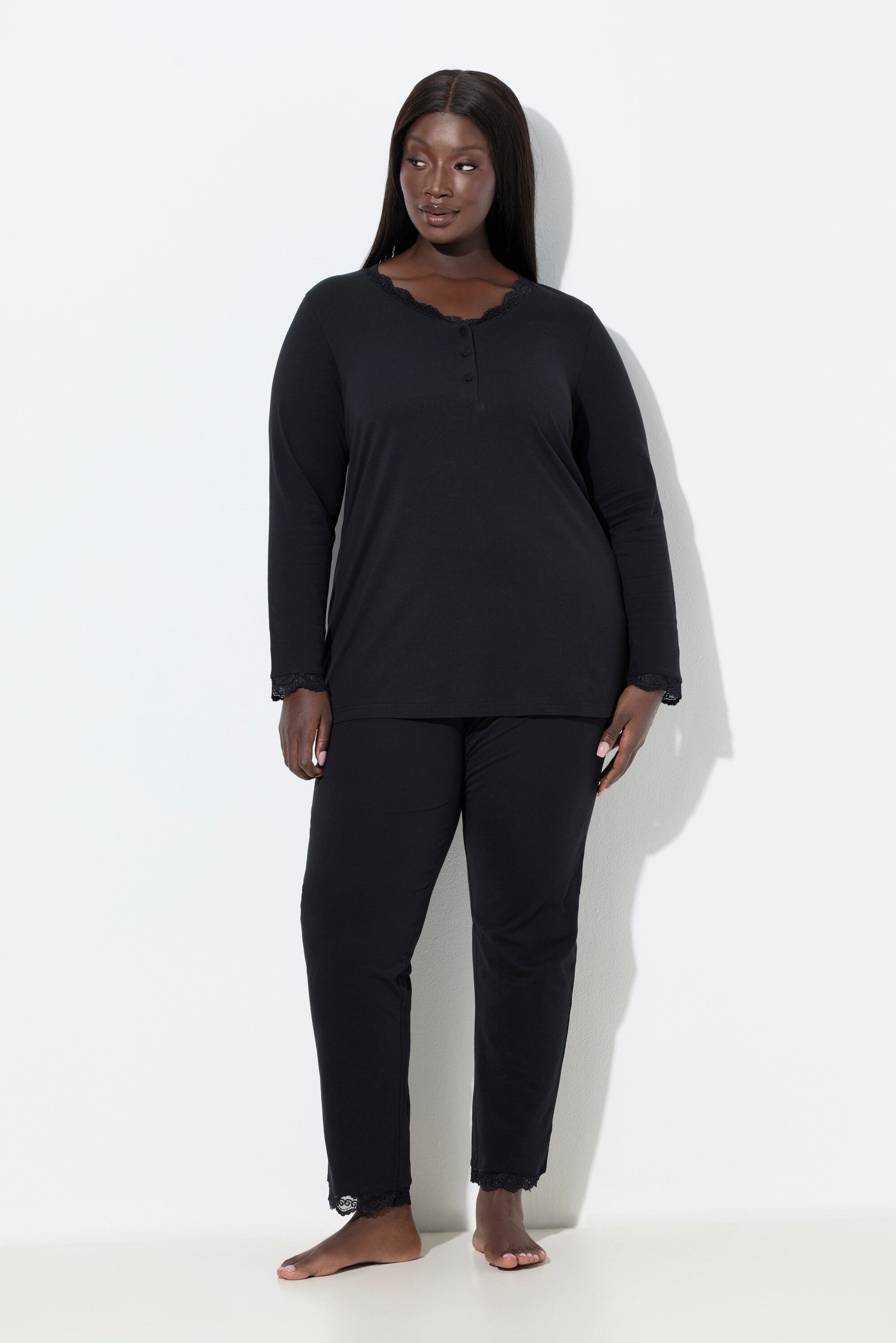 Ulla Popken Pyjama Pyjama Zweiteiler Spitze Knöpfe Langarm