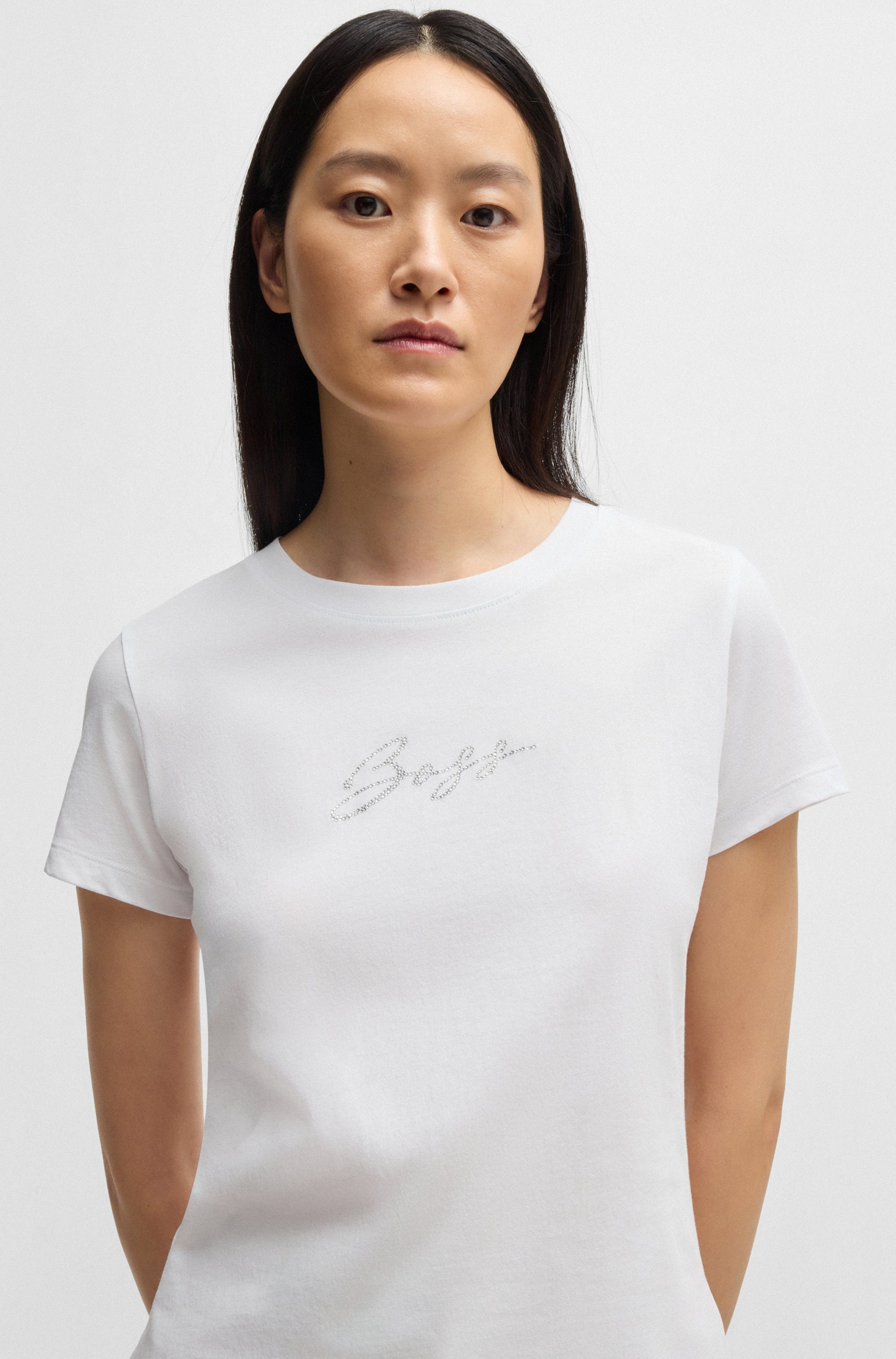 BOSS ORANGE T-Shirt Esogo_MA_crystal Premium Damenmode mit glitzer Logoschriftzug