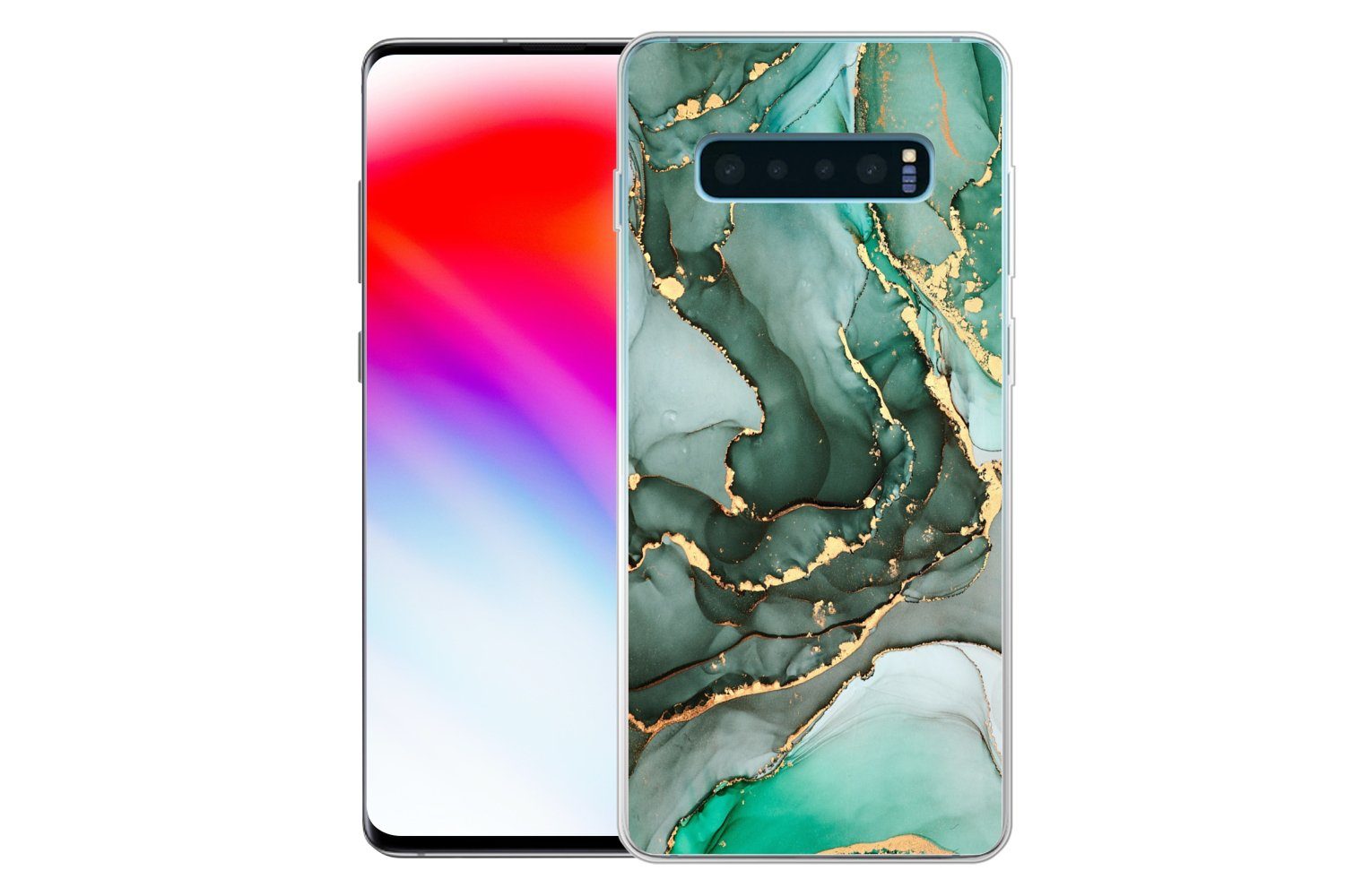 MuchoWow Handyhülle für Samsung Galaxy S10 Plus Gold - Marmor - Grün - Luxus - Marmoroptik, Phone Case, Silikon, Schutzhülle Dünn
