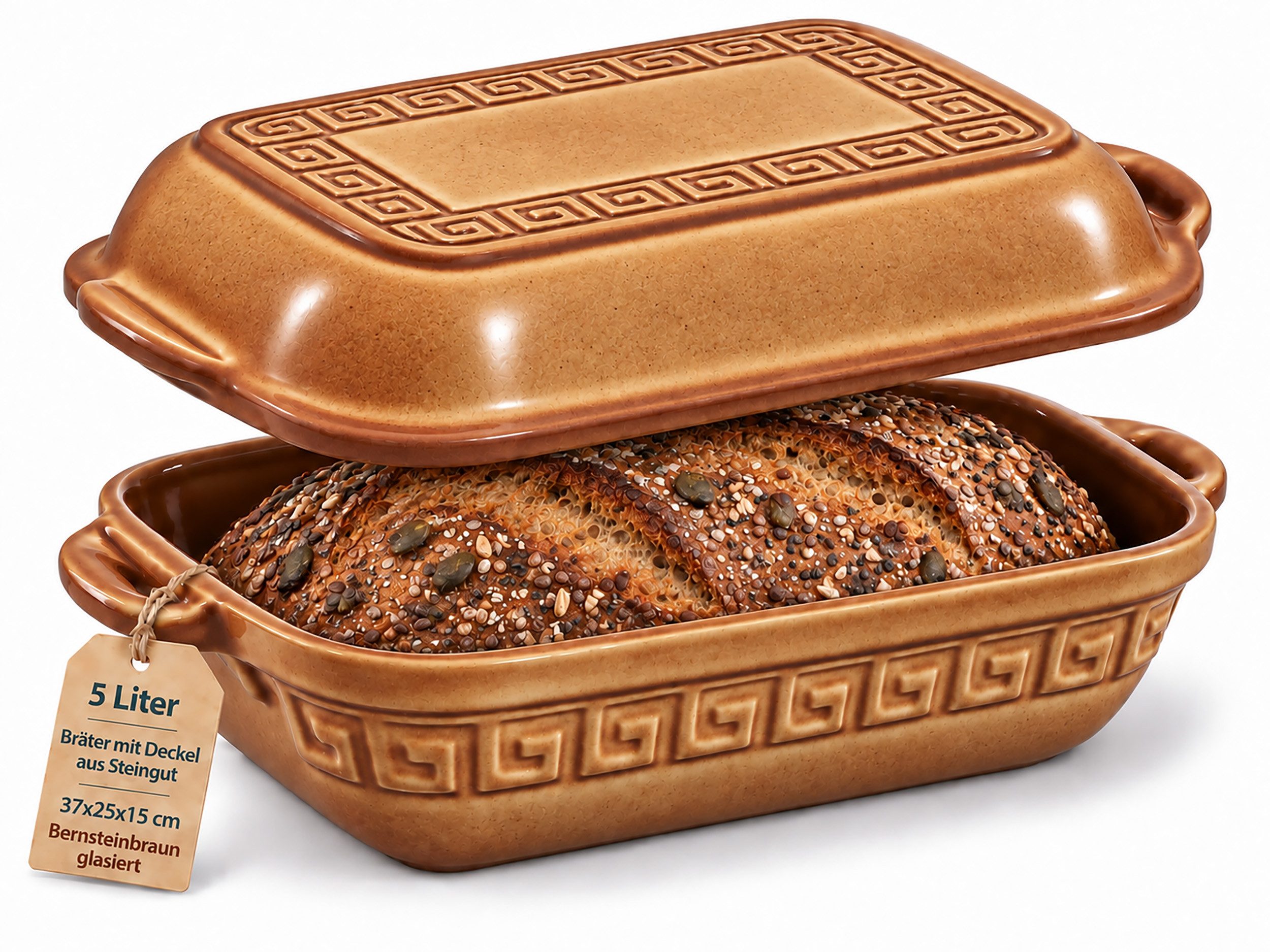 KERAZO Brotbackform 5L Keramik Bräter mit Deckel Brottopf Auflaufform 37x25x15cm, braun, Für knuspriges Brot und saftige Ofengerichte