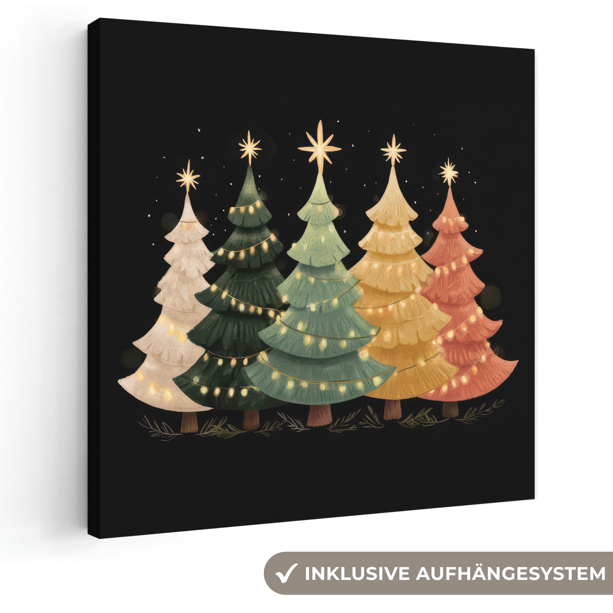 OneMillionCanvasses® Leinwandbild Weihnachtsbäume - Bunt - Lichter - Stern, Fotodruck (1 St), Wandbild, Deko Schlafzimmer Wohnzimmer Flur 20x20 cm