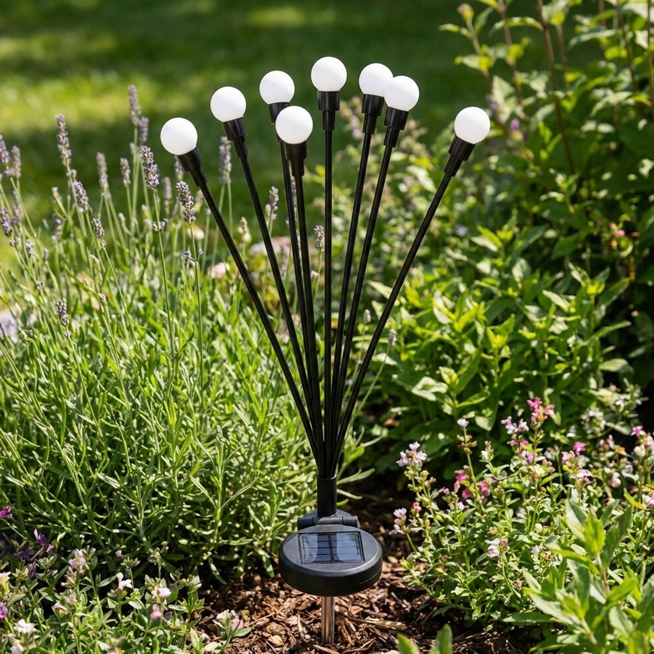 shop'n smile ideoon Gartenleuchte Solar Glühwürmchenlicht warmweiße 8 LEDs Gartenleuchte mit Erdspieß, 8 LED-Köpfe, 65cm mit Wind-Effekt & 2 Leuchtmodi, kabellos