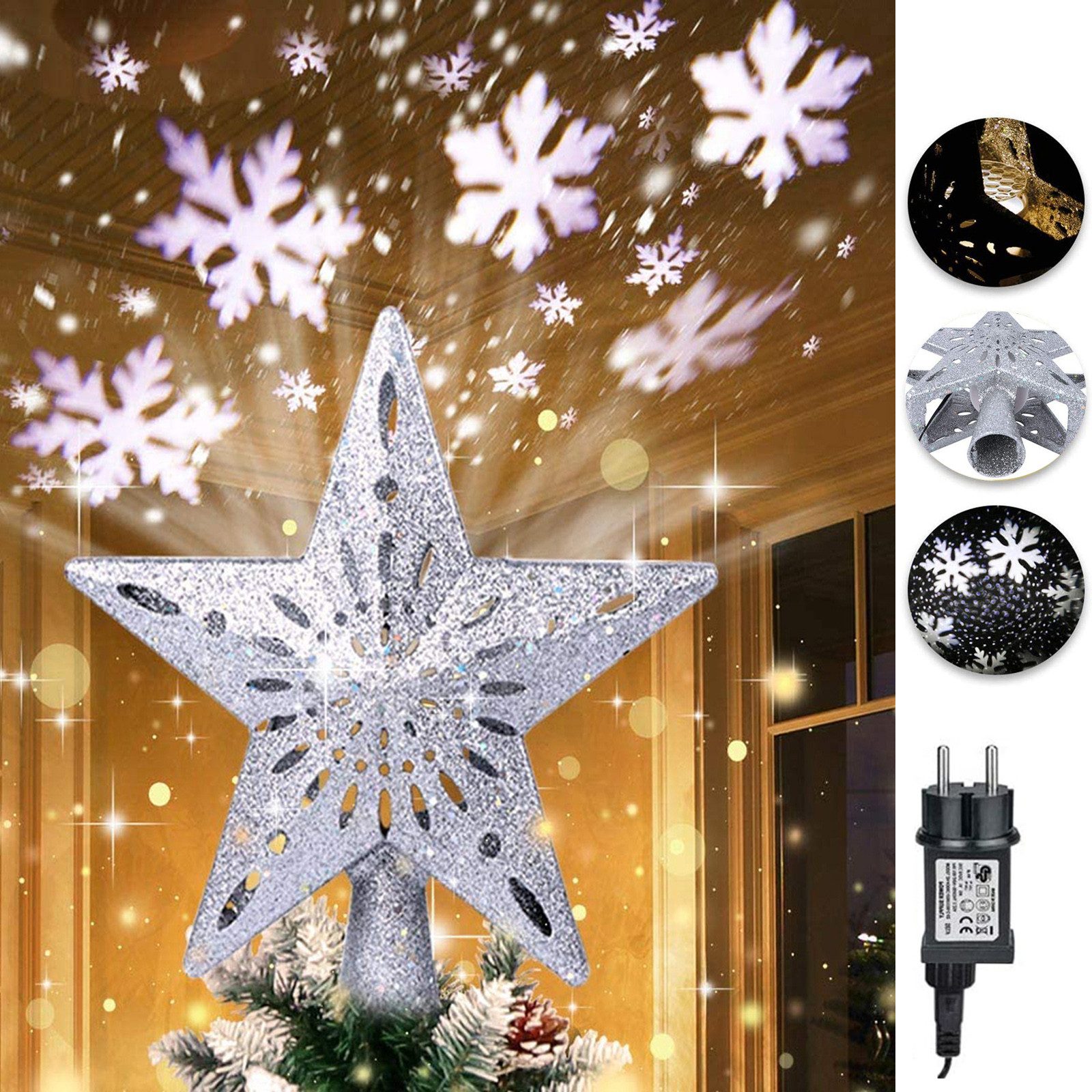 Jibenhome Christbaumspitze Schneeflockenprojektor Stern Baumspitze Christbaumspitze, Stecker, Schneeflocken-Projektionslampe für Tannenbaum Weihnachtsbaumschmuck