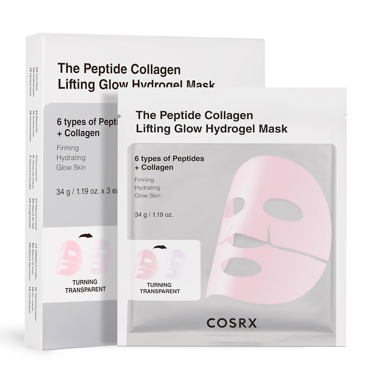 Cosrx Gesichtsmaske The Peptide Collagen Lifting Glow Hydrogel Mask – straffende Anti- Aging Gesichtsmaske mit 6 Peptiden & Kollagen – für glattere, elastischere, Haut & intensiven Glow – feuchtigkeitsspendend, beruhigend & pflegend