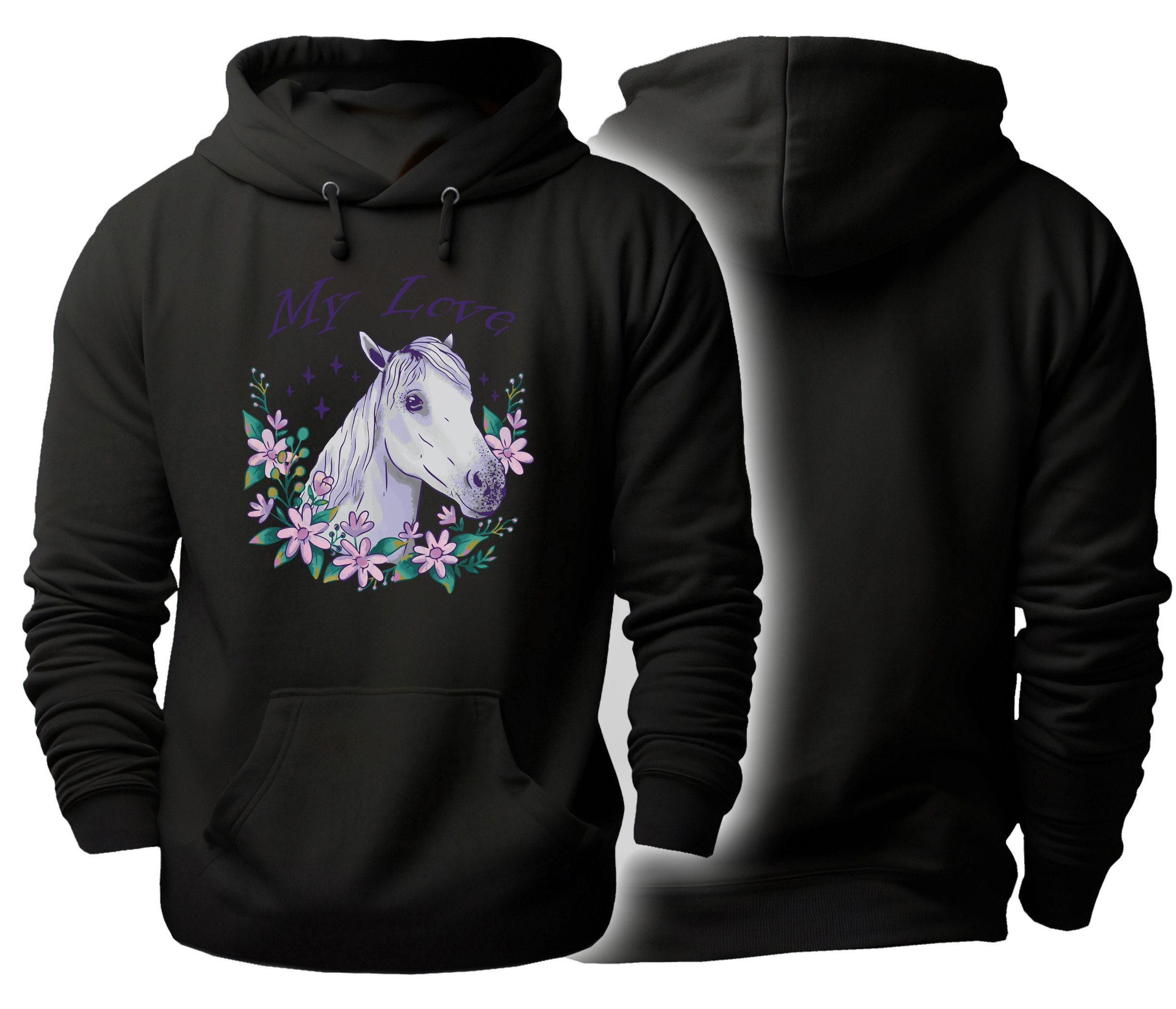 MyDesign24 Hoodie Pferde Kapuzen Pulli - Pferd im Blumenkranz Herren und Damen Kapuzensweater mit Pferde Print i169