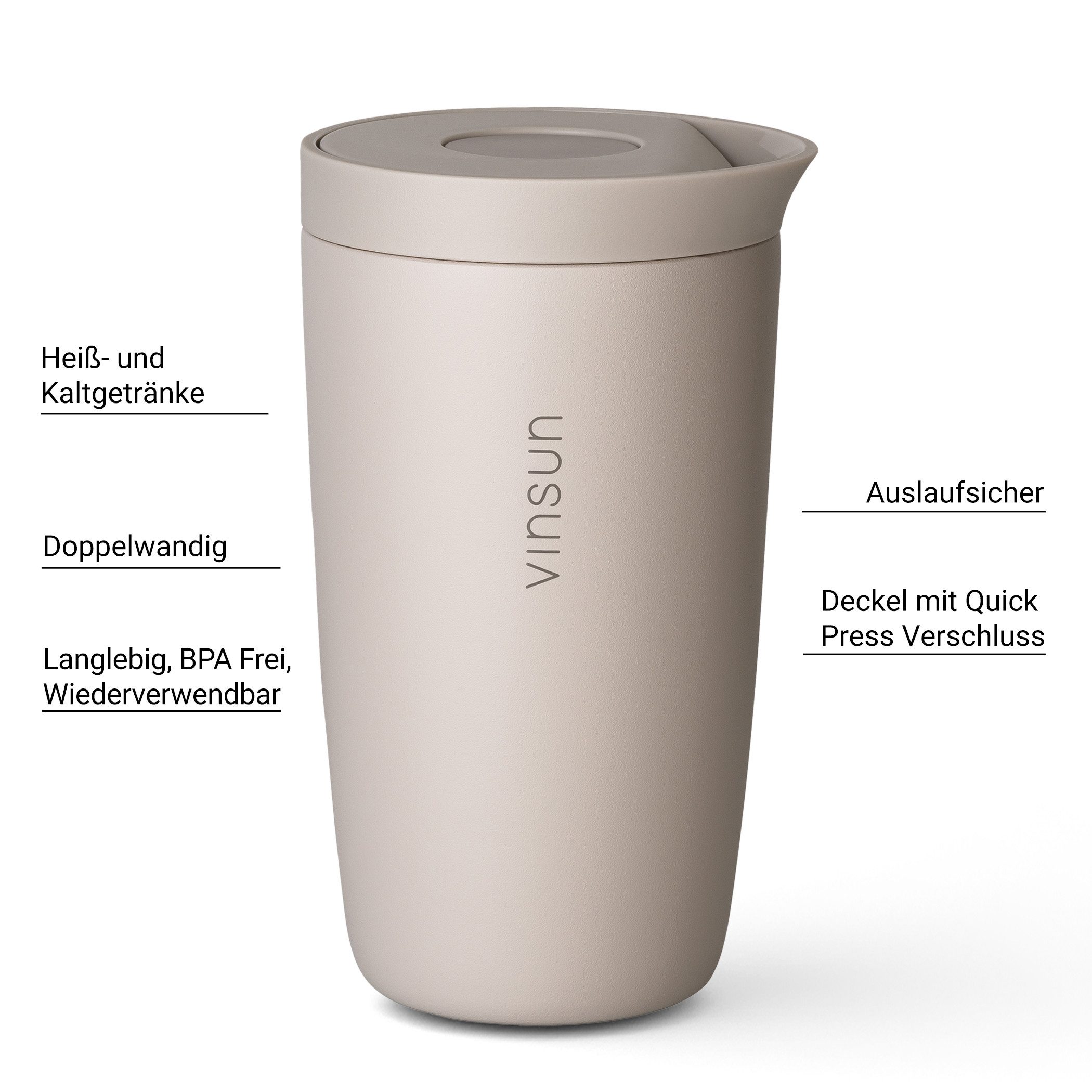 Vinsun Thermobecher Edelstahl Isolierbecher 350ml - Kaffeebecher to Go auslaufsicher, 2-tlg., Edelstahl, Doppelwandig, BPA frei, bruchfest, Einhandbedienung per Knopfdruck