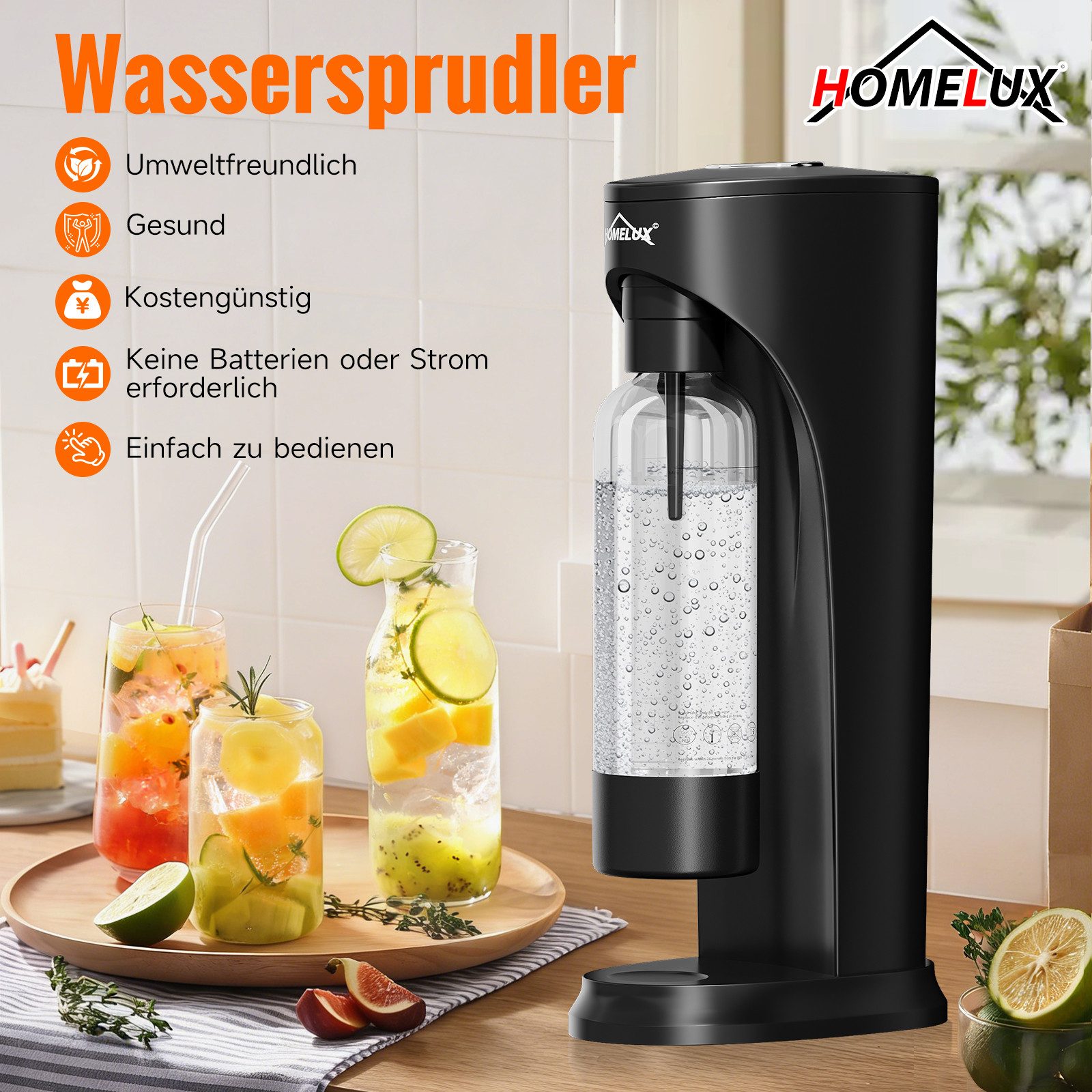 HOMELUX Wassersprudler Sprudelwasser Maschine Mit 1 PET-Flaschen Bpa-Frei,ohne CO2 Zylinder, (Set, Sprudelwasser Maschine,PET-Flasche), Soda Maker, Wasser Sprudel GeräT, Water Carbonator