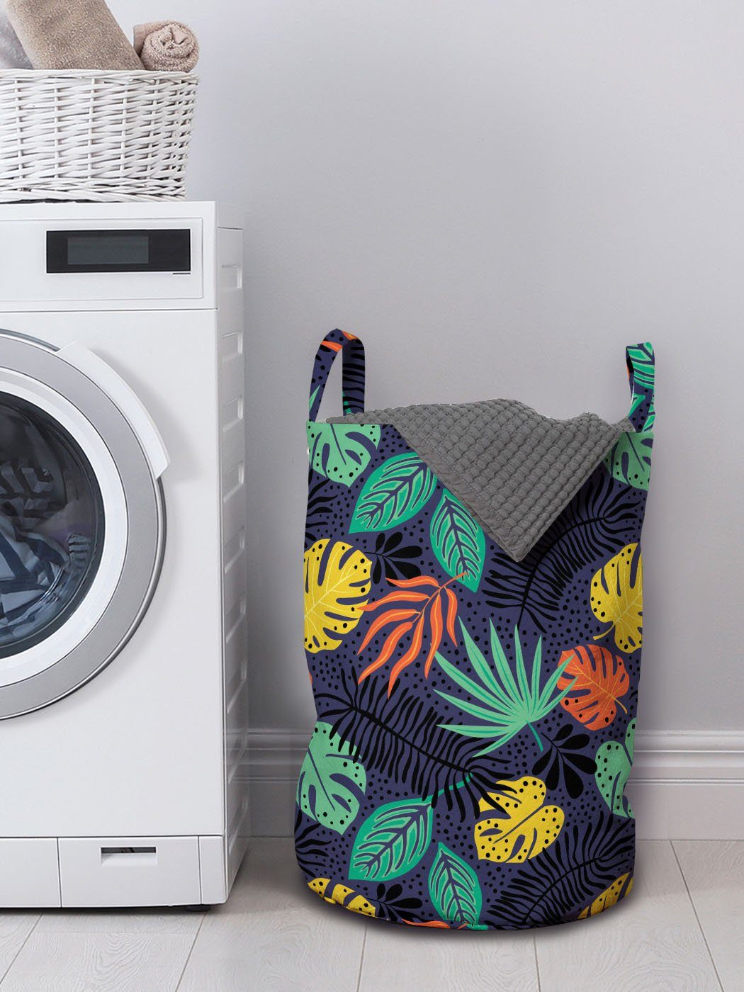 Waschsalons, Buntes für Kordelzugverschluss tropisches Abakuhaus mit Wäschekorb Wäschesäckchen Griffen Laub Blätter