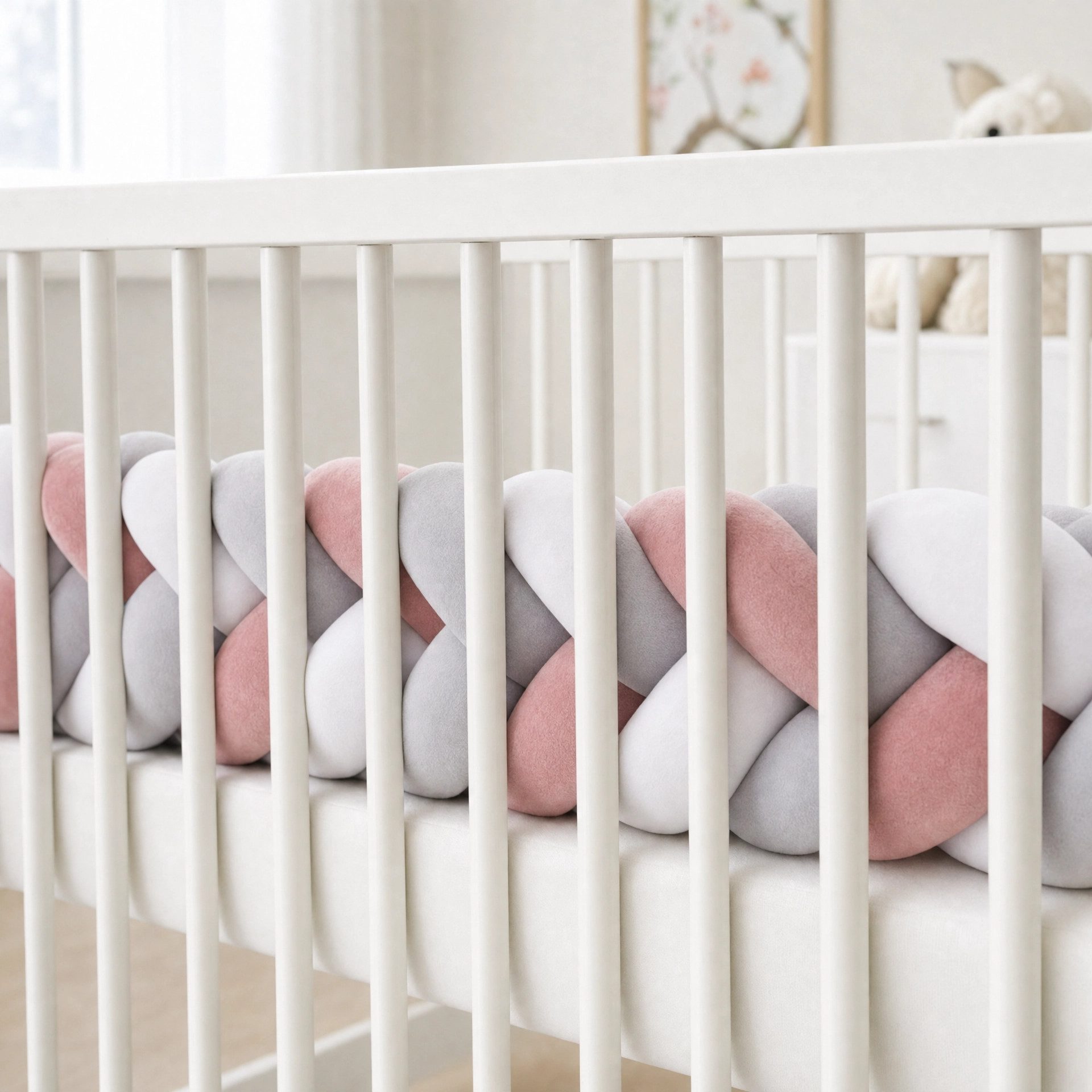 LuMali Nestchenschlange Bettschlange geflochten 210cm Nestchen Bettumrandung Babybett Zopf, Stillkissen Seitenschläfer Velour weich hypoallergen Pastellfarben