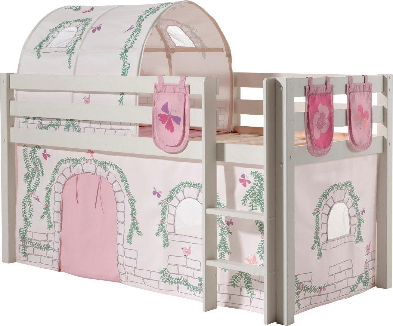 Vipack Hochbett Pino, Spielbett massiv Kiefer, stabil gebaut, 3 Korpusfarben zur Wahl (inkl. Rolllattenrost, Leiter und Absturzschutz, mit oder ohne Rutsche) Textil-Set "Astronaut", inkl. Vorhang, mit oder ohne Tunnel