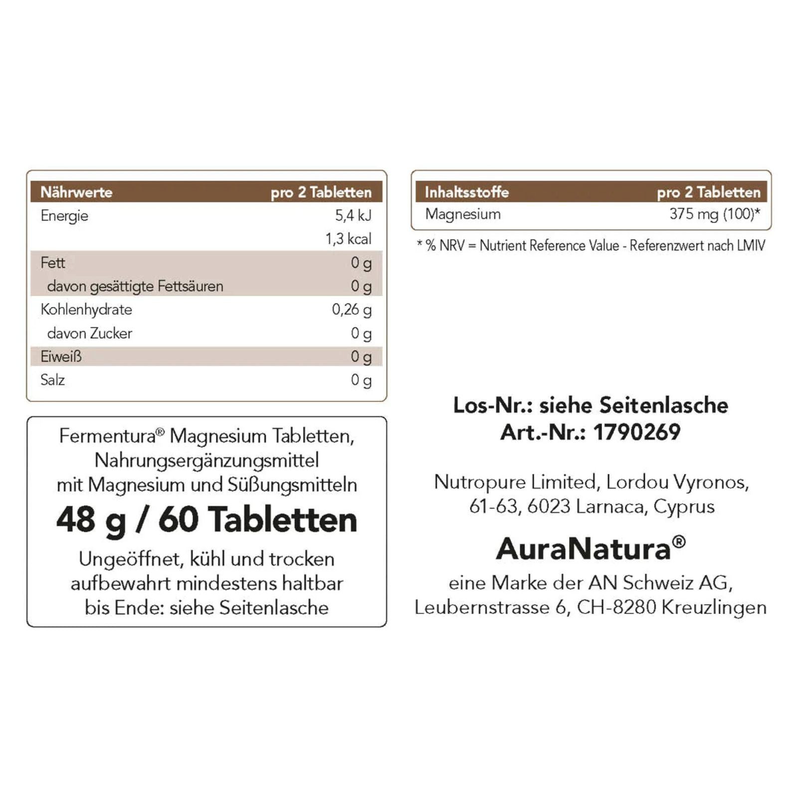 Aura Natura Fermentura Magnesium 3-fach Magnesium Komplex Tabletten Kapseln