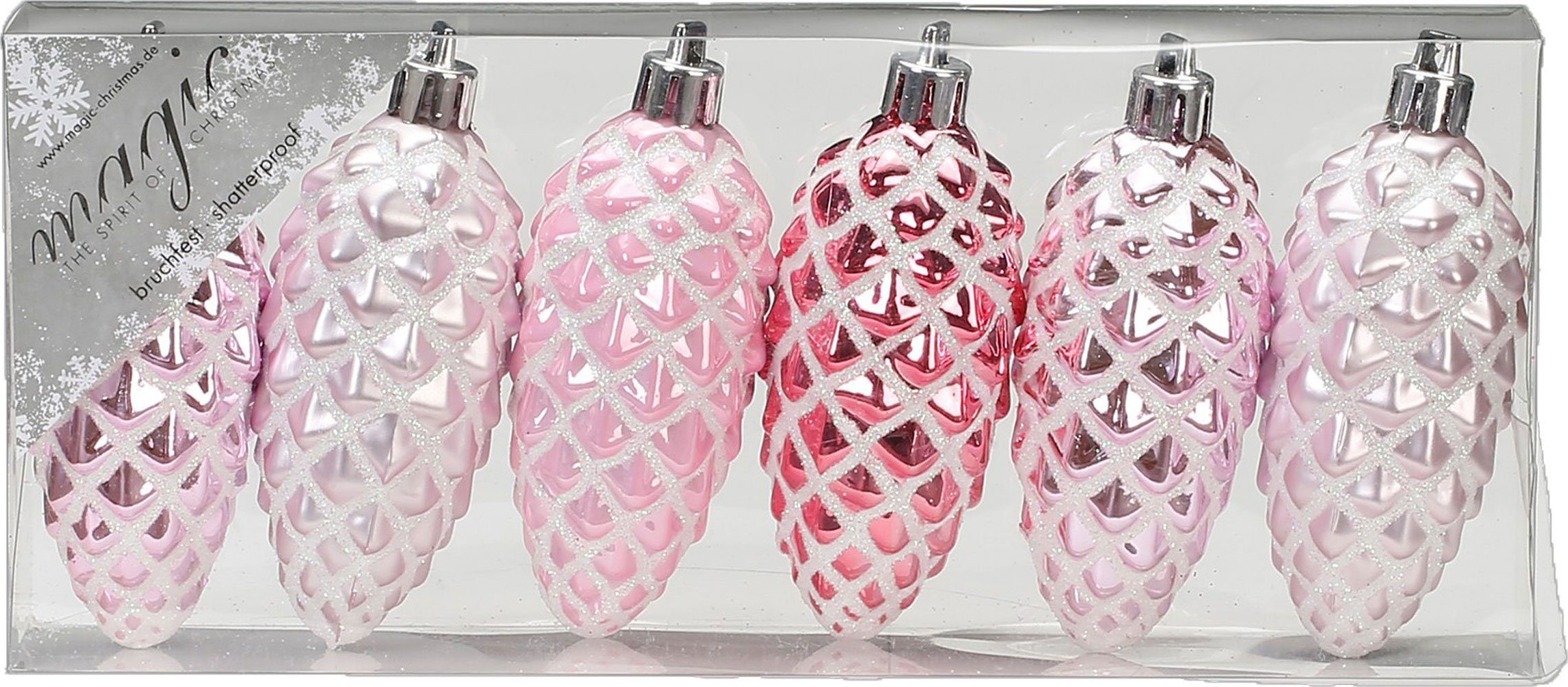 MAGIC by Inge Christbaumschmuck, Christbaumschmuck Kunststoff Zapfen 9cm 6er Set - Rosa Mix