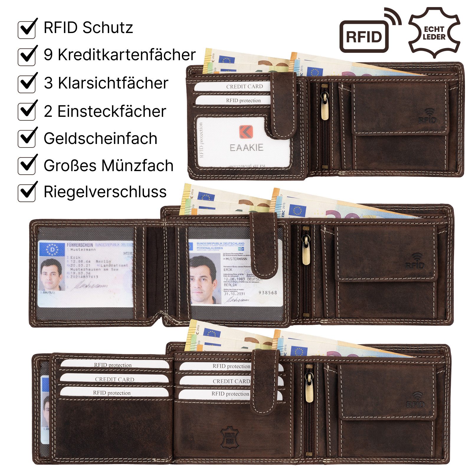EAAKIE Geldbörse RFID Büffel Echt Leder Geldbörse Portemonnaie Herren mit Motiv, RFID Schutz – Bild 4 von 5