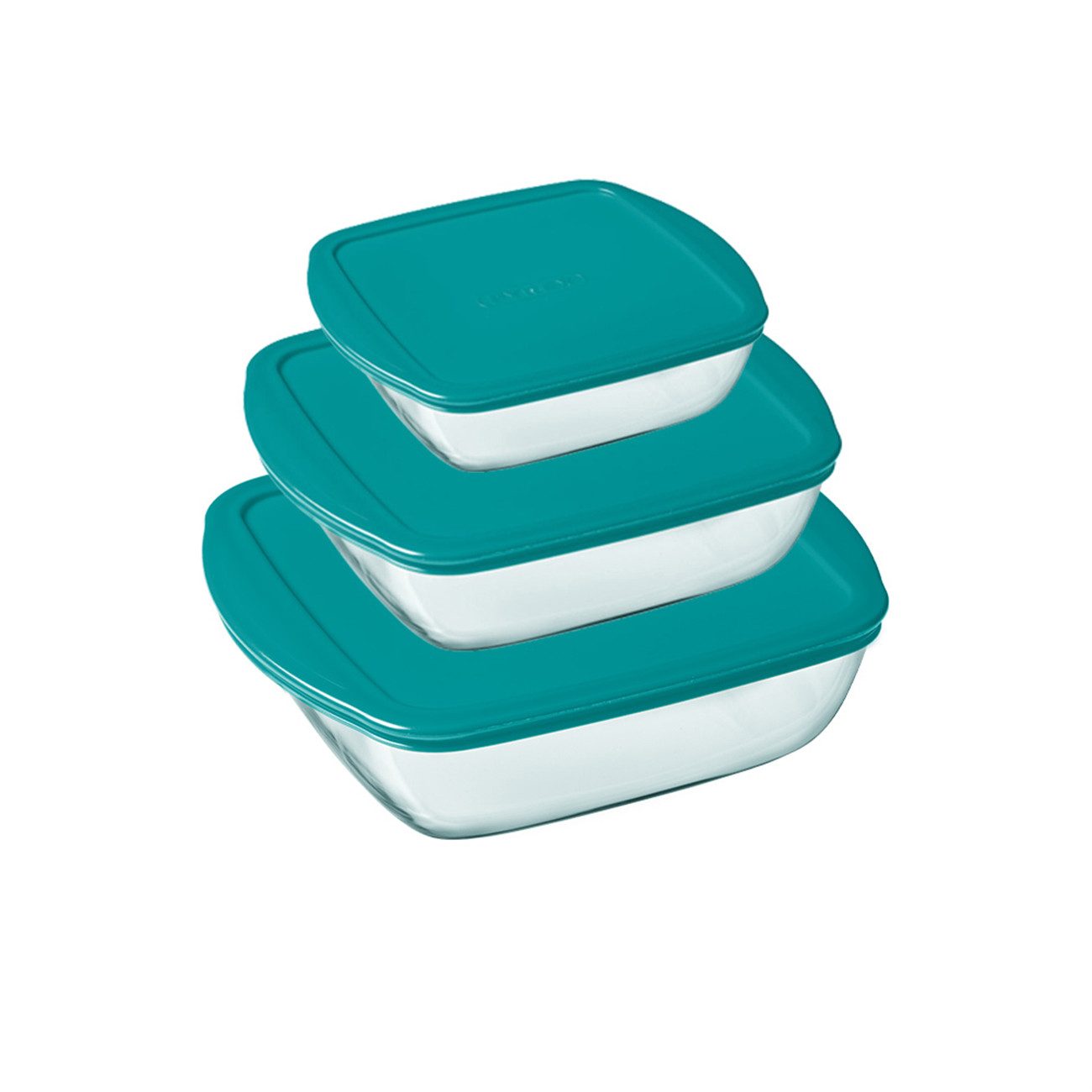 PYREX Frischhaltedose Cook & Store, Borosilikatglas, (Frischhaltedosen-Set, 3-tlg., quadratisch, 0,3/1/2,2 l), luftdicht, mikrowellengeeignet, gefriergeeignet, stapelbar
