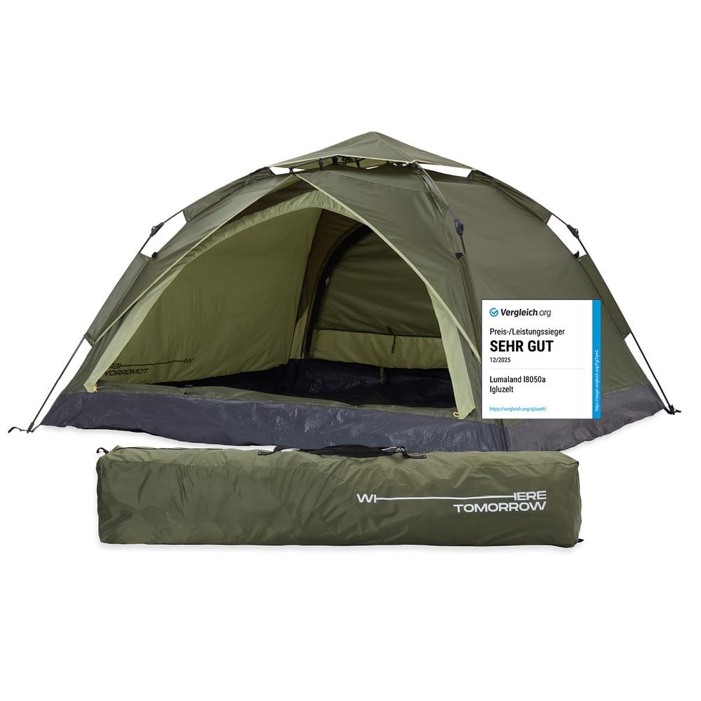Lumaland Kuppelzelt Pop Up Zelt - 3-Personen-Zelt mit Doppeltür, Wurfzelt Trekkingzelt - 210x190x110 cm - Grün