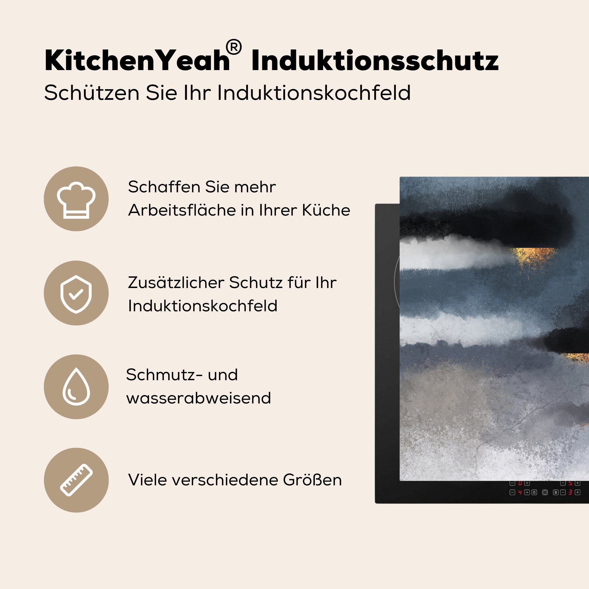 Herdblende-/Abdeckplatte küche, - Wolken Gold Abstrakt, Ceranfeldabdeckung (1 Vinyl, MuchoWow Induktionskochfeld cm, die 81x52 für - Schutz tlg),