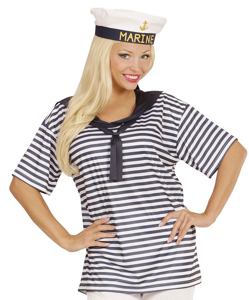 Karneval-Klamotten Kostüm Matrosin Damen Matrose T Shirt mit Matrosenmütze, blau-weiß gestreiftes Oberteil mit Mütze und Kragen