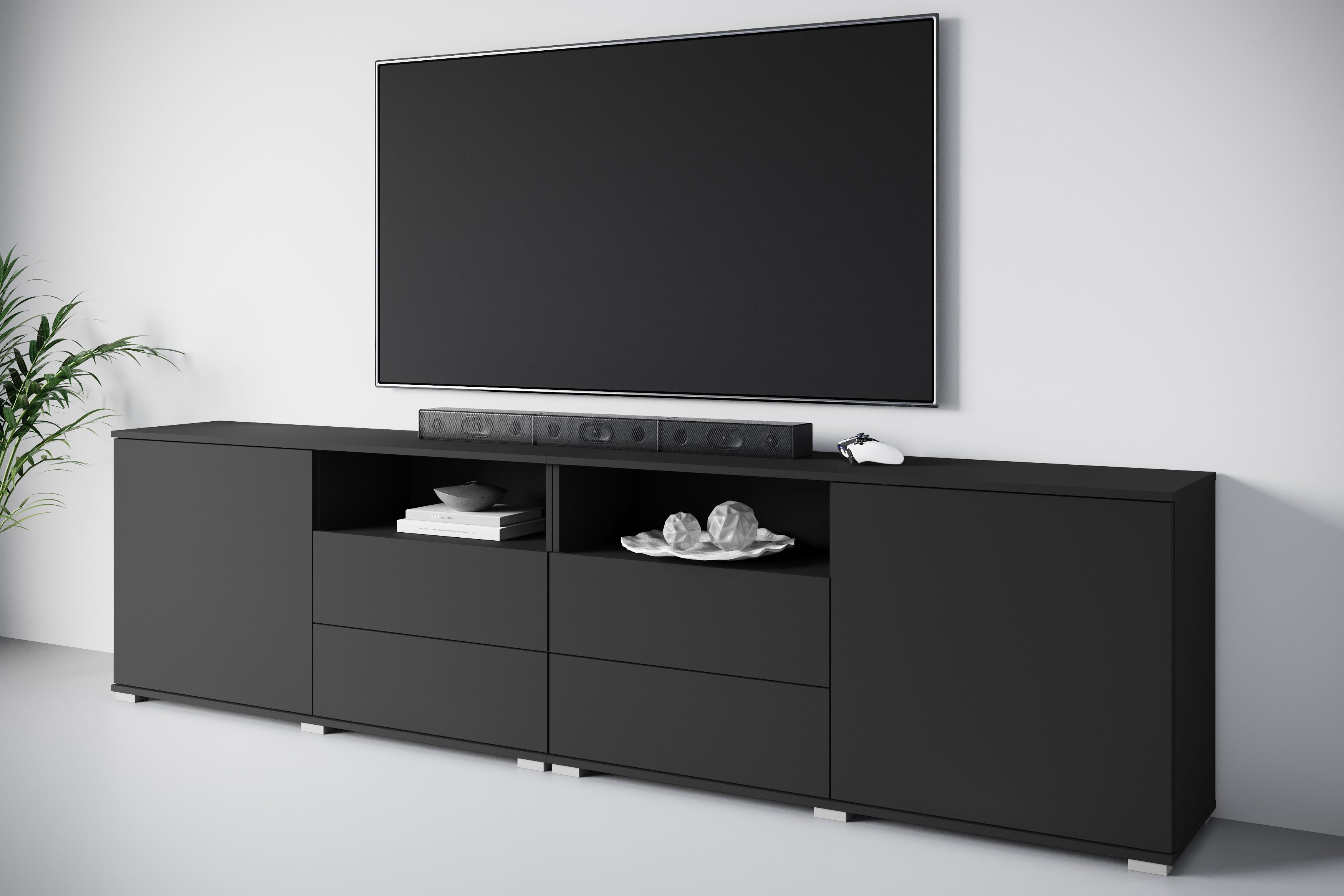 OTTO home Lowboard Kenia, TV-Schrank, 240 cm breit, mit 2 Türen und 4 Schubladen (1 St), Höhenverstellbare Einlegeböden und offene Ablagefächer
