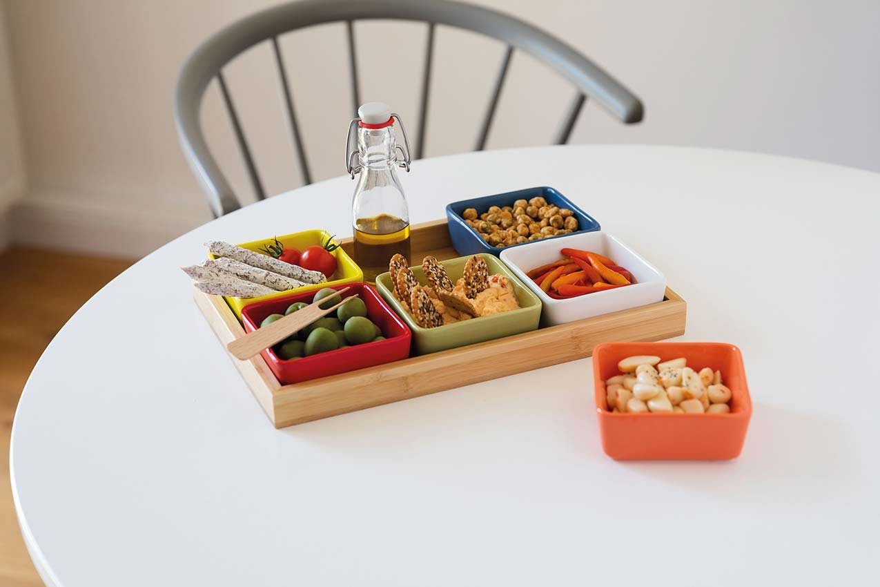 Remember Tapas-Schale, Porzellan, Remember buntes Schalenset mit Holztablett 7-teilig