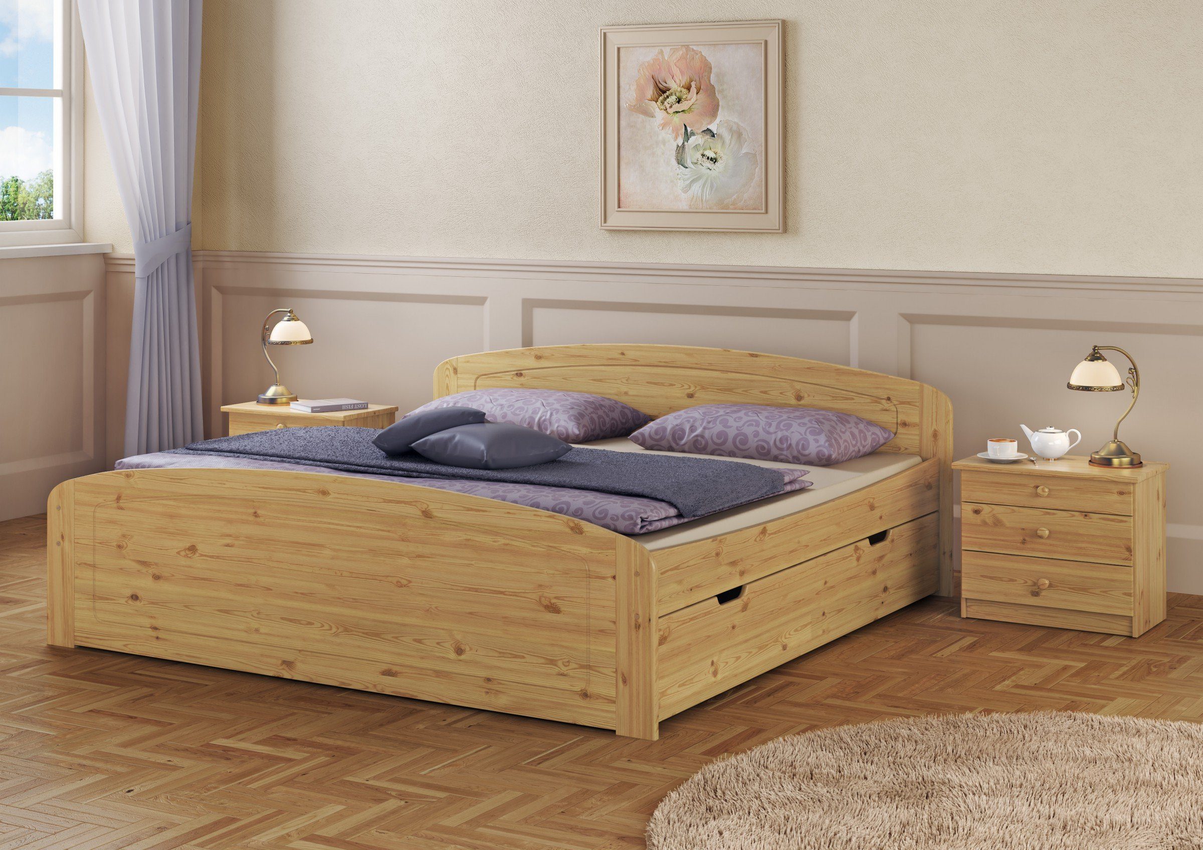 ERST-HOLZ + 2 Kiefer + lackiert Doppelbett Bett Kieferfarblos 160x200 3 Federholzrahmen Staukästen,